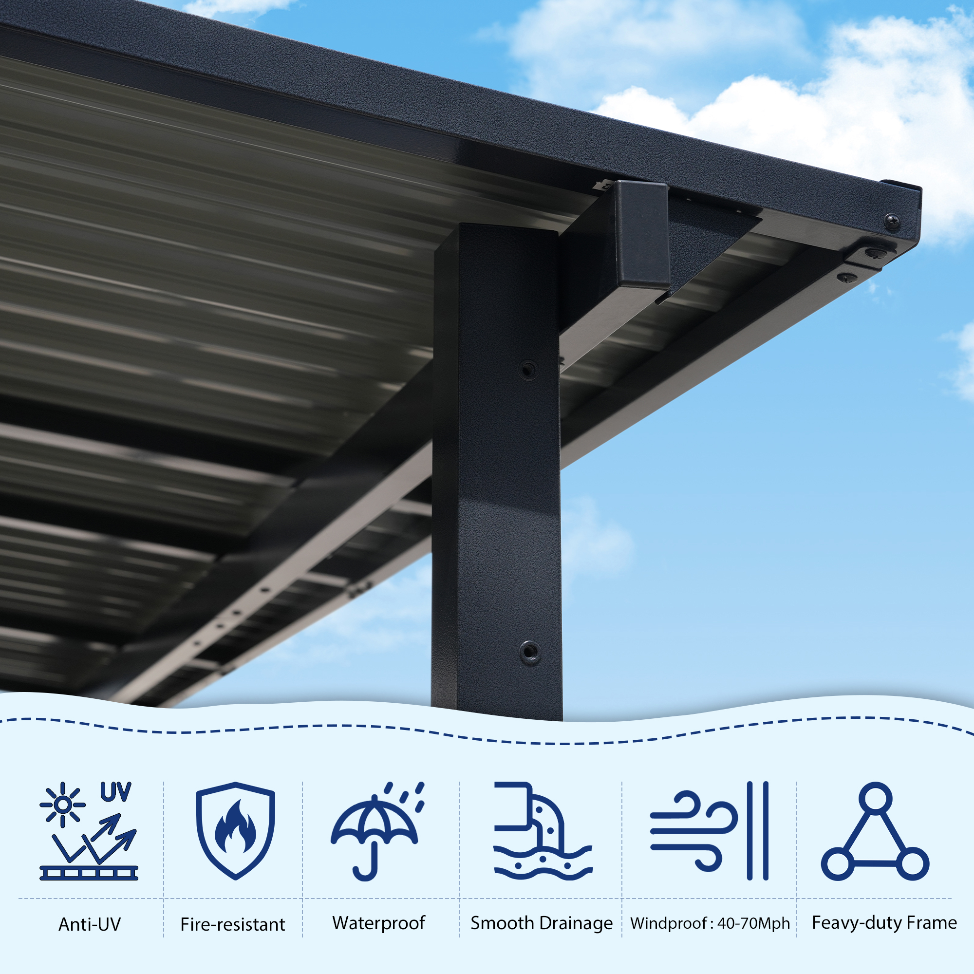 Outdoor Gazebo, Outdoor Lean to Gazebo Pergola w/Drainage Holes, Wall-Mounted Gazebo with Hard Top Metal Awnings for Patio Backyard Deck, Dark Grey