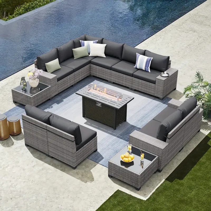 13 Pieces PE Rattan Patio Sectional Sofa Set With 50000 BTU Fire Pit and 2 Side Tables