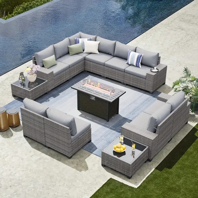 13 Pieces PE Rattan Patio Sectional Sofa Set With 50000 BTU Fire Pit and 2 Side Tables