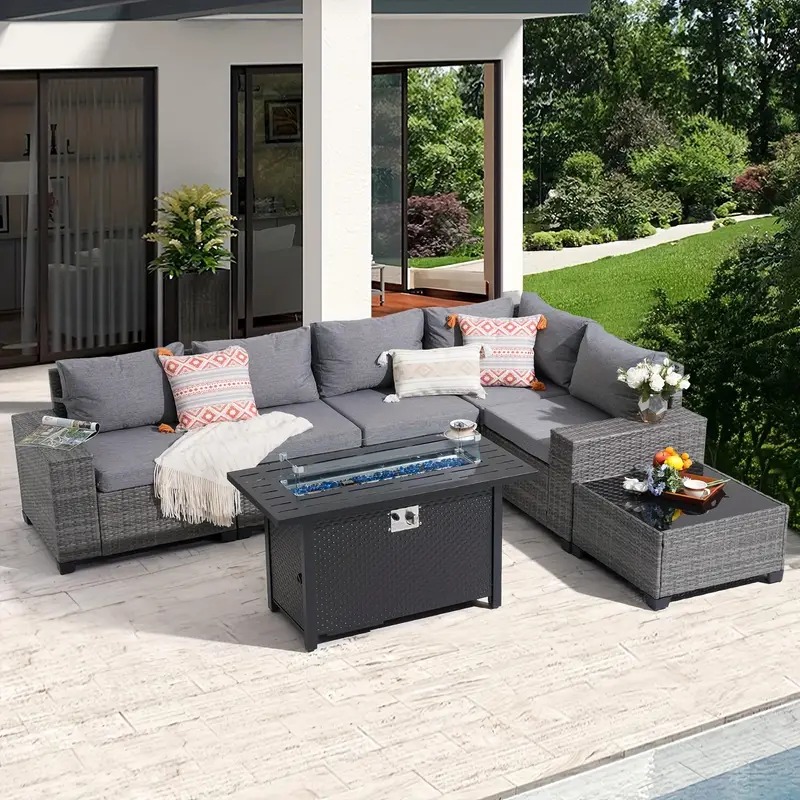 7Pcs L-Shaped Patio Sofa Set with Fire Pit Table Wicker Outdoor Sectional