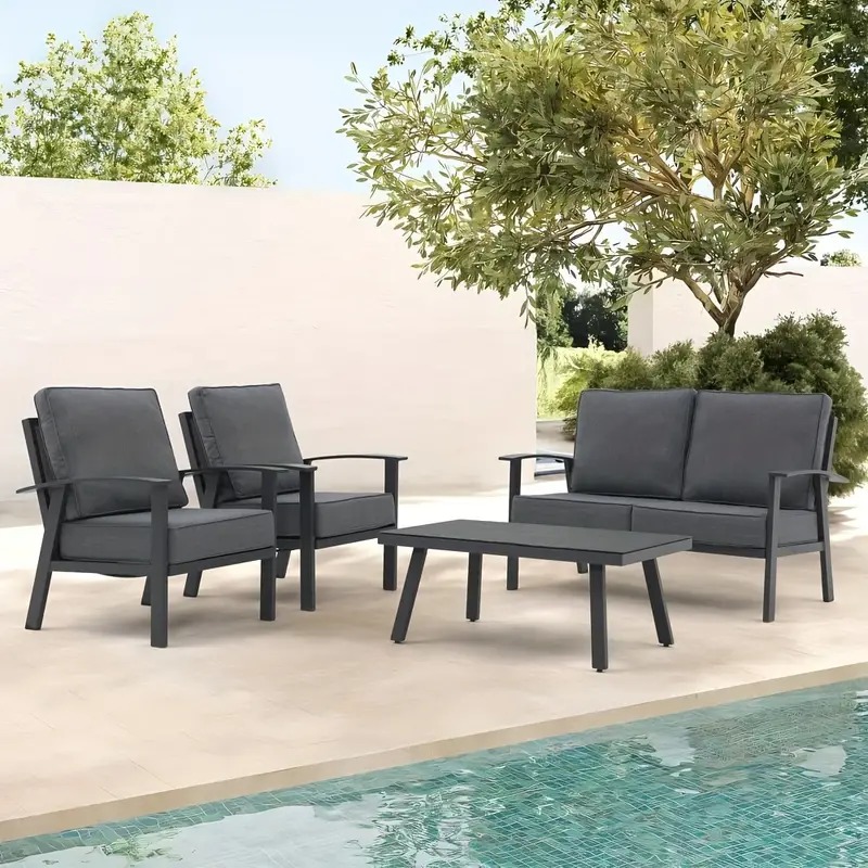 4Pcs Aluminum Outdoor Conversation Set With Cushions And Coffee Table
