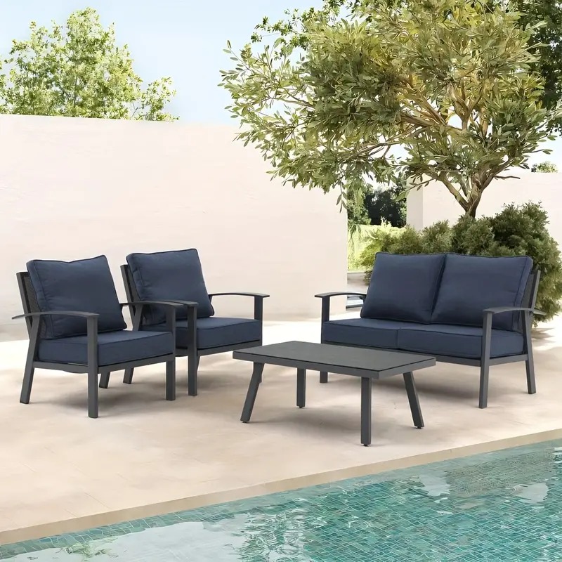 4Pcs Aluminum Outdoor Conversation Set With Cushions And Coffee Table