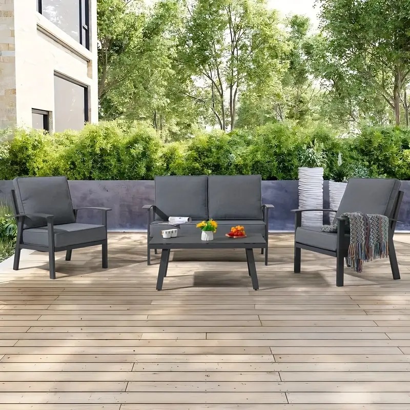 4Pcs Aluminum Outdoor Conversation Set With Cushions And Coffee Table