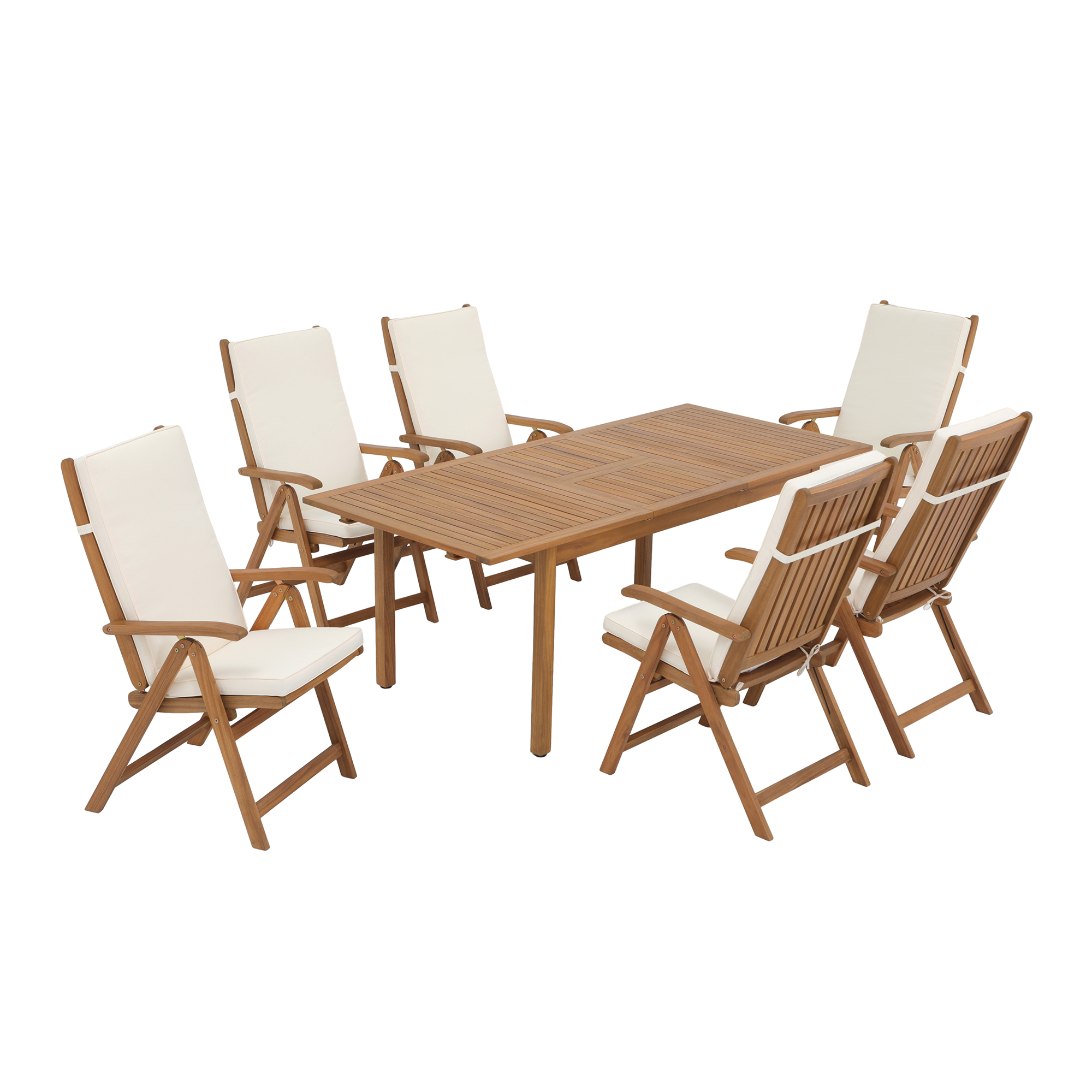 7 pcs Outdoor FSC Certified Acacia Wood Dining Set, 6 Foldable Reclining Chair and Extendable Dining Table