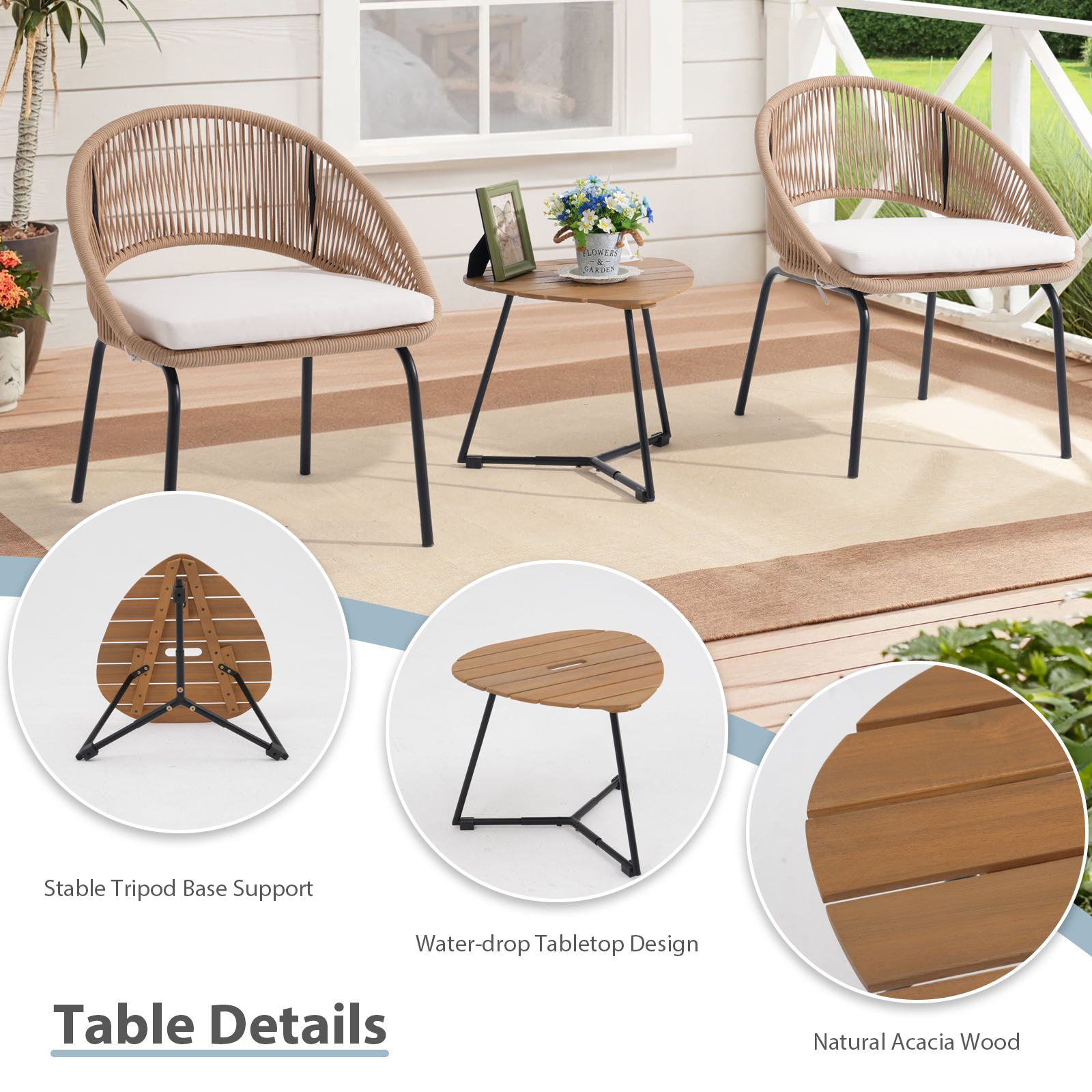  3pcs Outdoor Bistro Set,Metal Woven Rope furniture set, 3pcs patio set, With Black /Grey/Beige Cushions