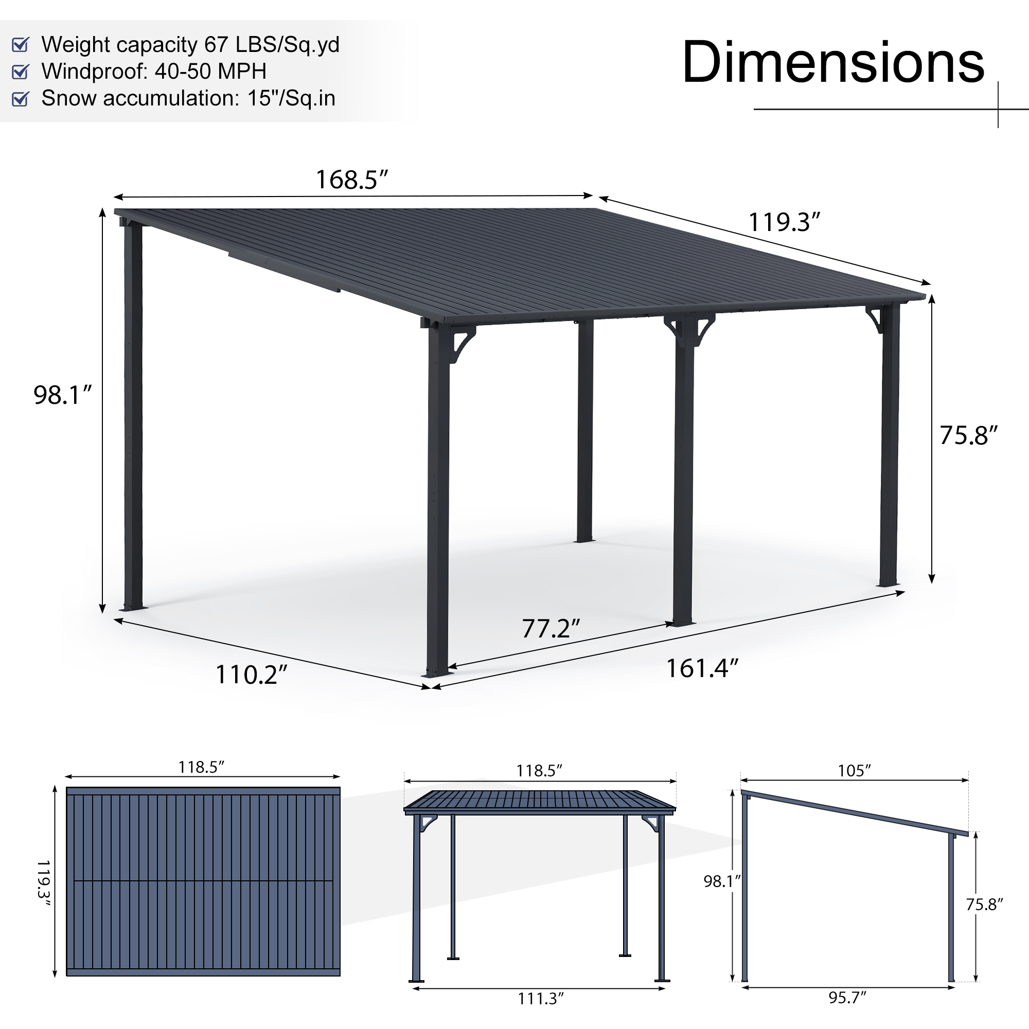 Outdoor Gazebo, Outdoor Lean to Gazebo Pergola w/Drainage Holes, Wall-Mounted Gazebo with Hard Top Metal Awnings for Patio Backyard Deck, Dark Grey