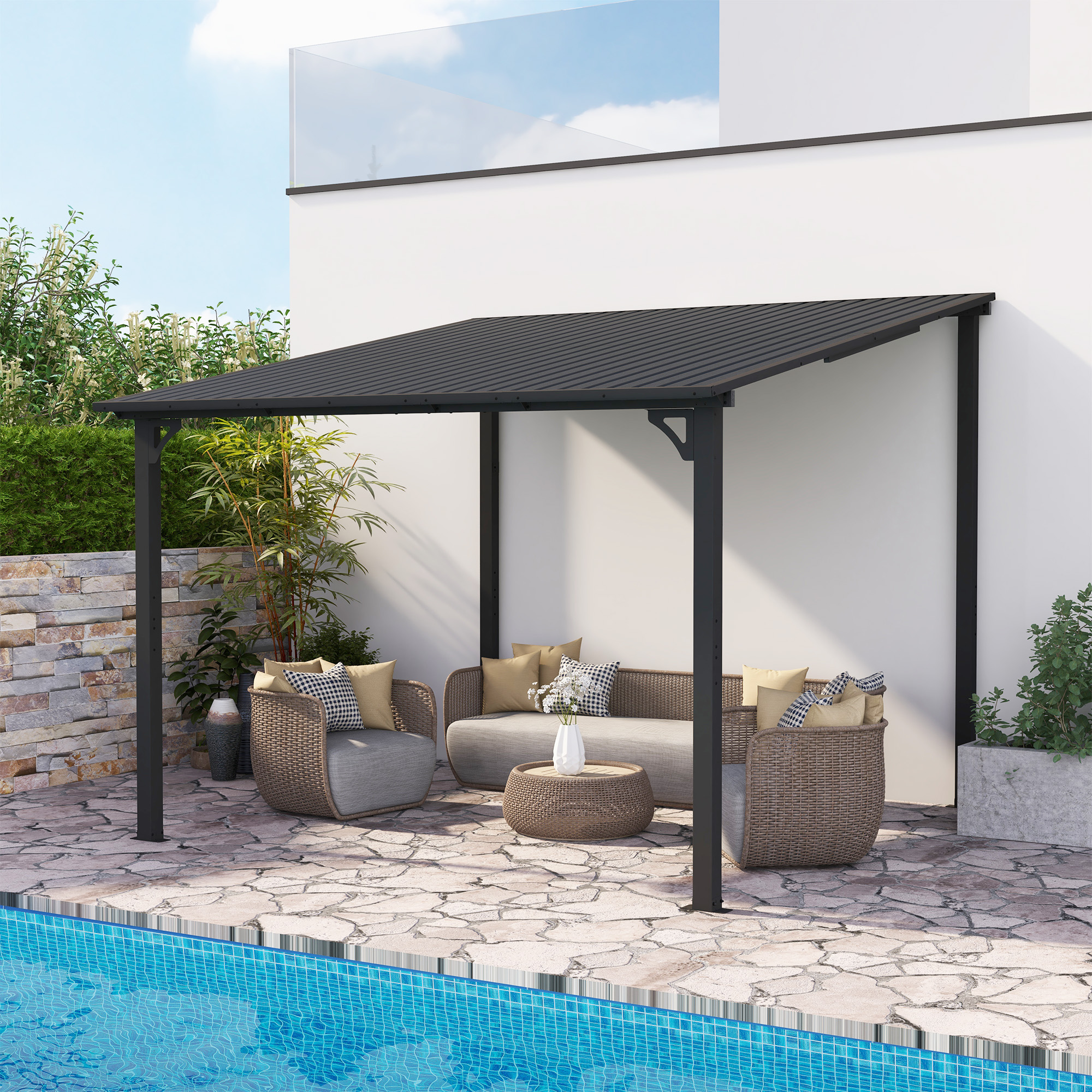 Outdoor Gazebo, Outdoor Lean to Gazebo Pergola w/Drainage Holes, Wall-Mounted Gazebo with Hard Top Metal Awnings for Patio Backyard Deck, Dark Grey