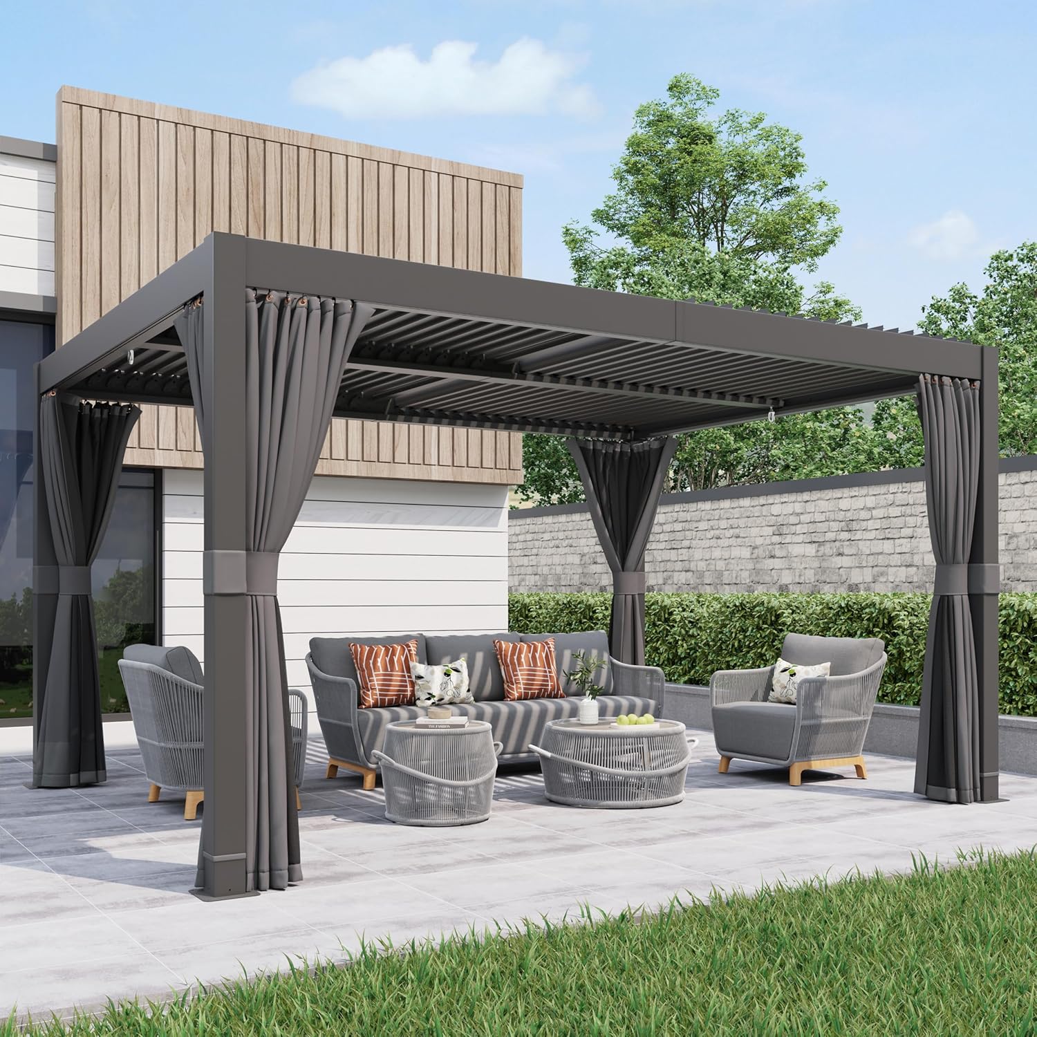 Aluminum Frame Louvered Pergola with Adjustable Rainproof Roof, Shaded Curtains and Netting