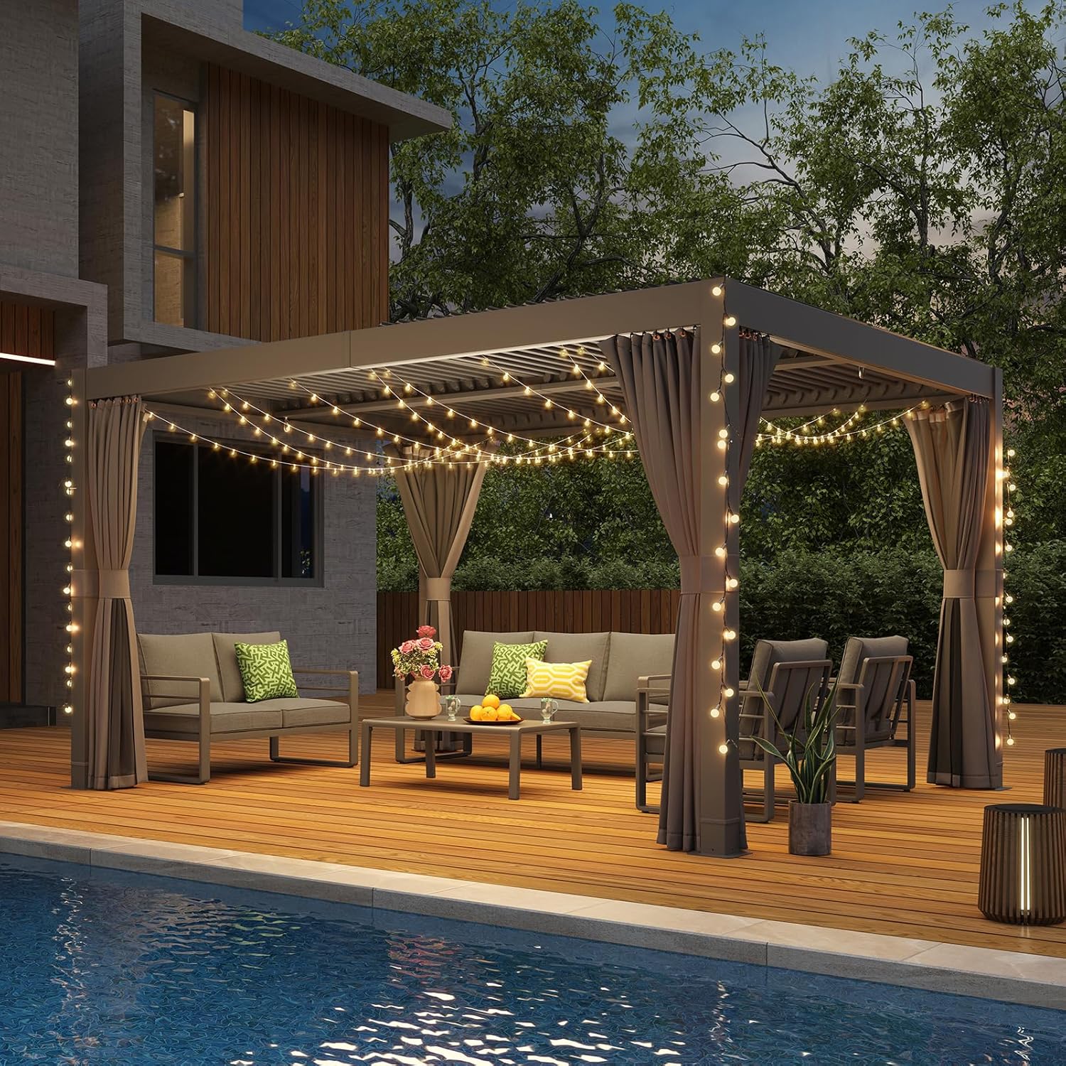 Aluminum Frame Louvered Pergola with Adjustable Rainproof Roof, Shaded Curtains and Netting