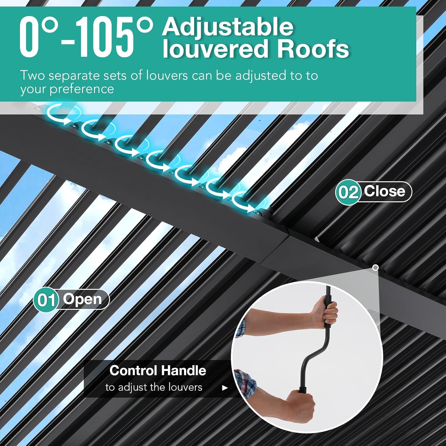 Aluminum Frame Louvered Pergola with Adjustable Rainproof Roof, Shaded Curtains and Netting