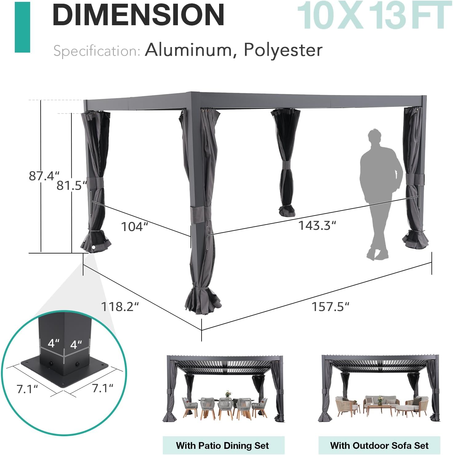 Aluminum Frame Louvered Pergola with Adjustable Rainproof Roof, Shaded Curtains and Netting