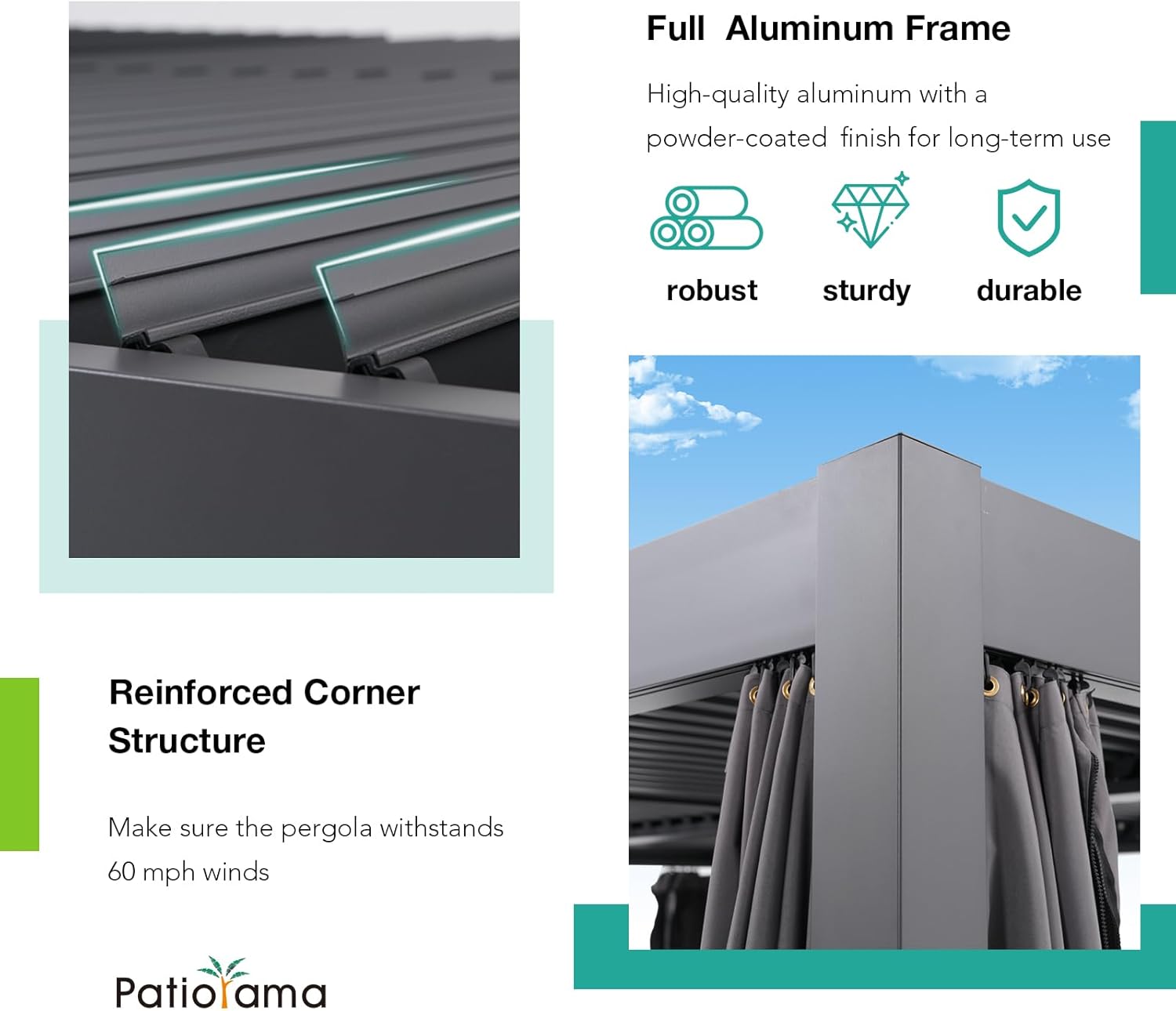 Aluminum Frame Louvered Pergola with Adjustable Rainproof Roof, Shaded Curtains and Netting