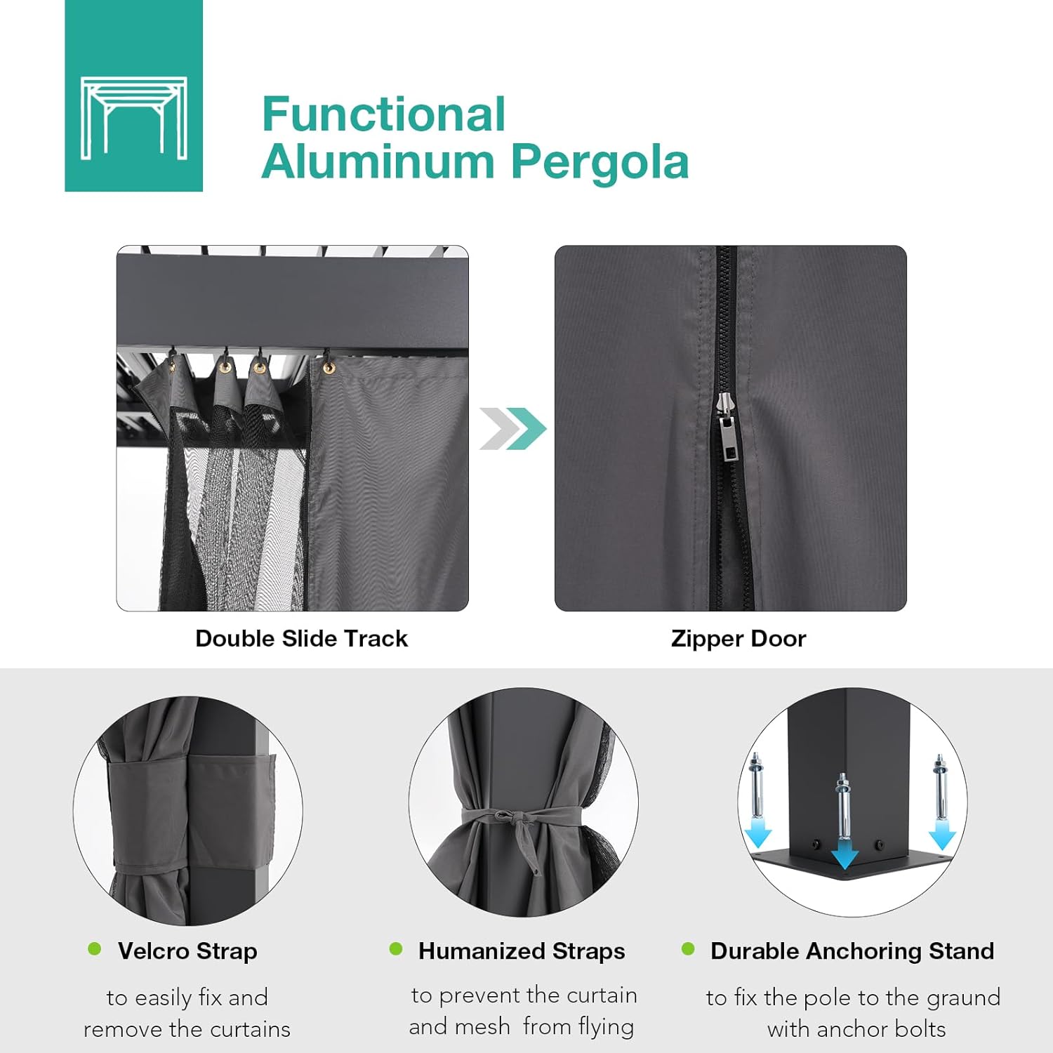 Aluminum Frame Louvered Pergola with Adjustable Rainproof Roof, Shaded Curtains and Netting