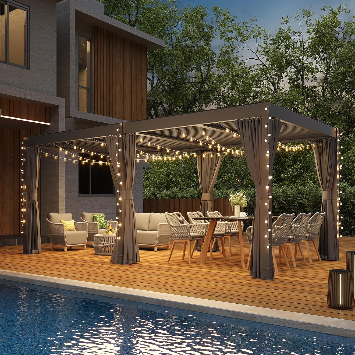 Aluminum Frame Louvered Pergola with Adjustable Rainproof Roof, Shaded Curtains and Netting