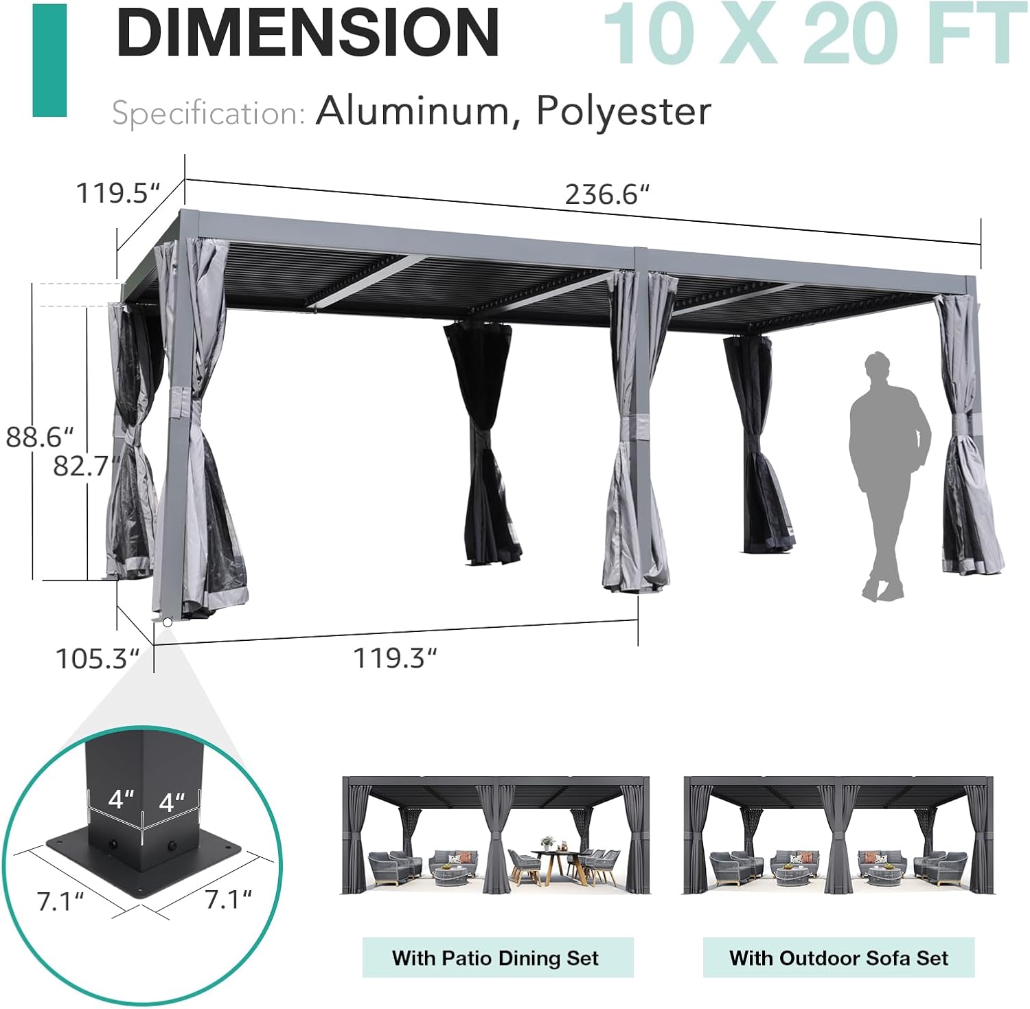 Aluminum Frame Louvered Pergola with Adjustable Rainproof Roof, Shaded Curtains and Netting