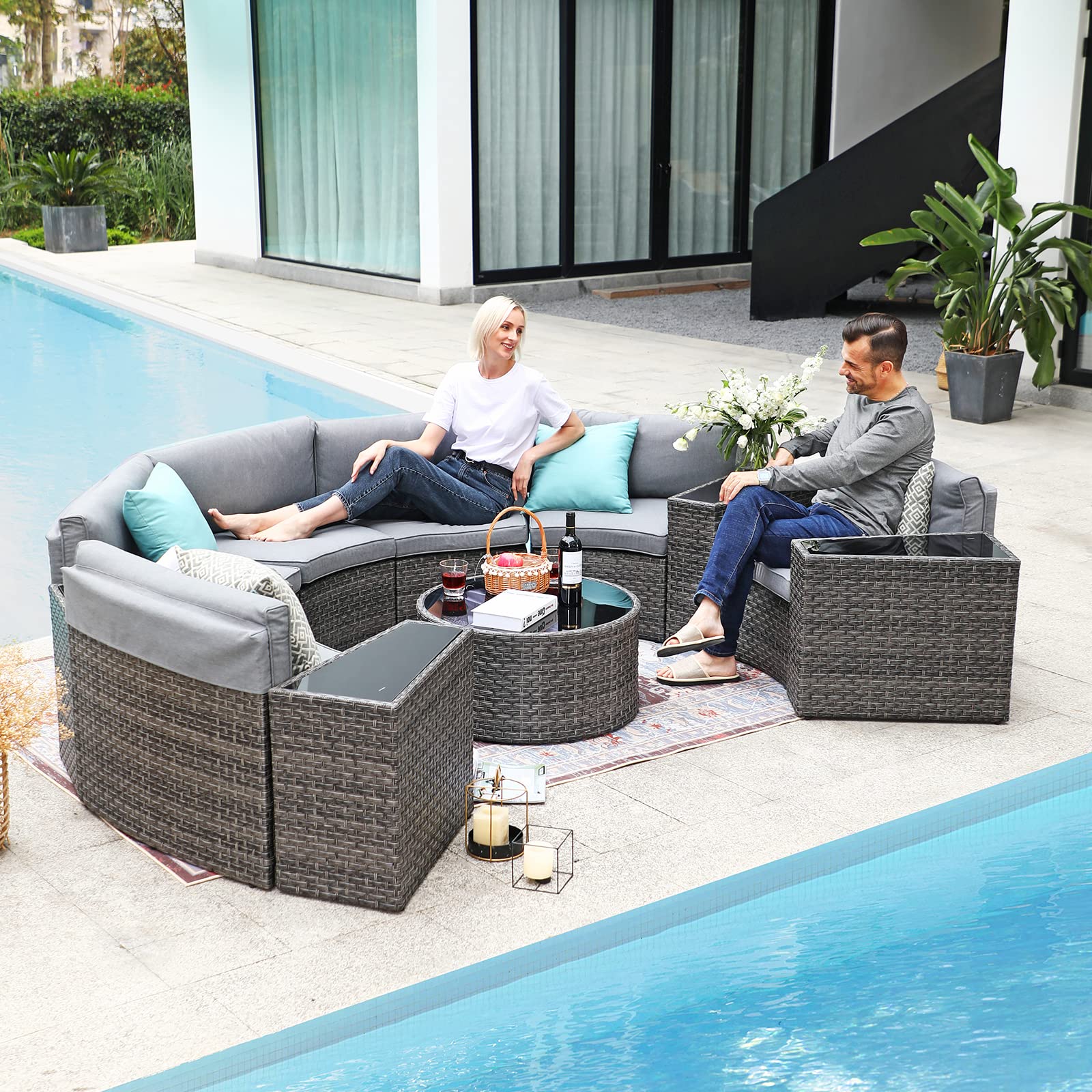 11pcs Outdoor Curved Sofas Wicker Half-Moon Sectional Set, 4 Colors