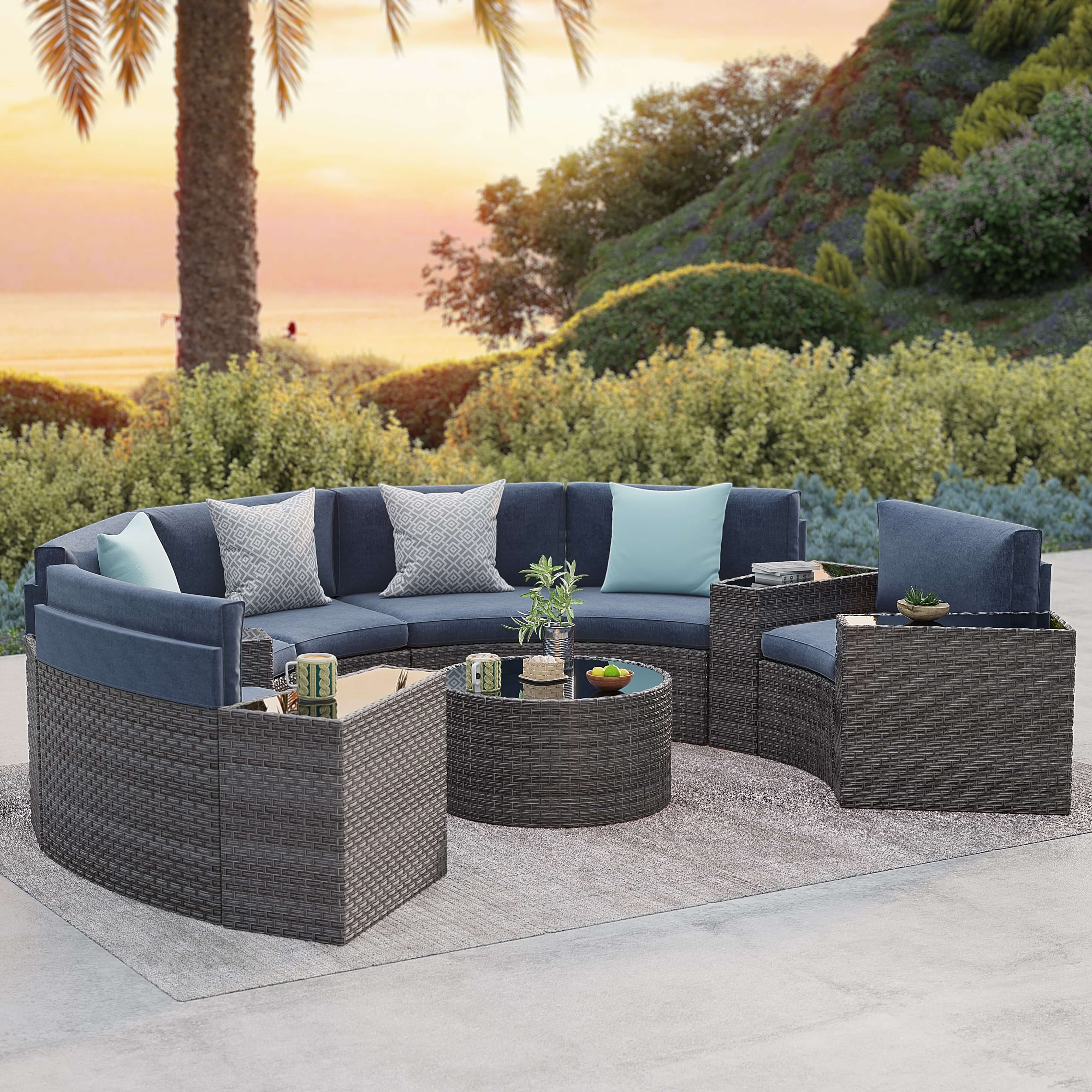 5-11 pcs Outdoor Curved Sofas, Curved Outdoor Sectionals,Denim Blue