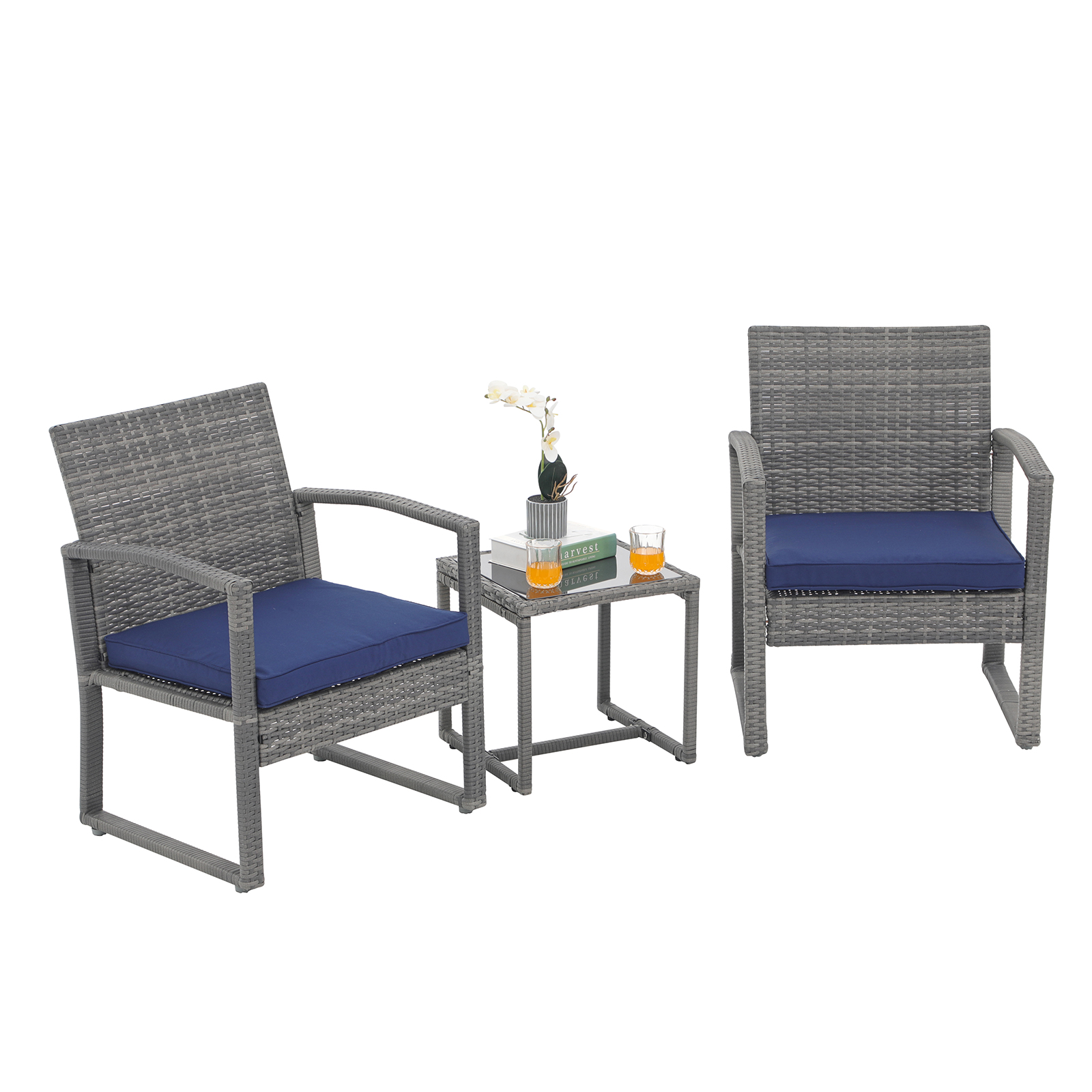 3pcs Patio Bistro Set Wicker Patio Conversation Set Outdoor Rattan Chair Set 