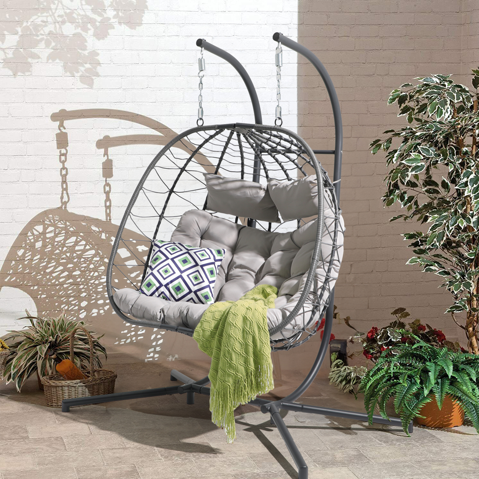 2 Person Egg Swing Chair with Stand, Steel Frame Folding Egg Chirs, 3 Colors