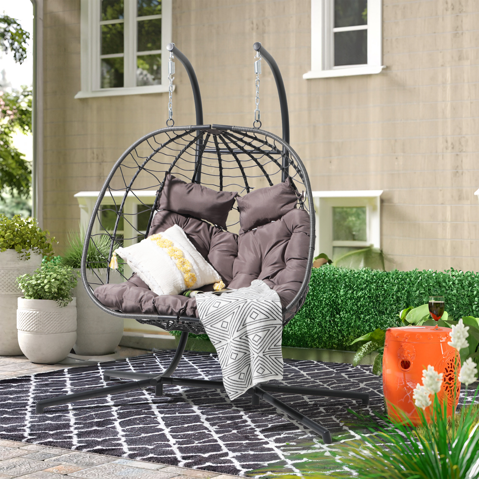 2 Person Egg Swing Chair with Stand, Steel Frame Folding Egg Chirs, 3 Colors