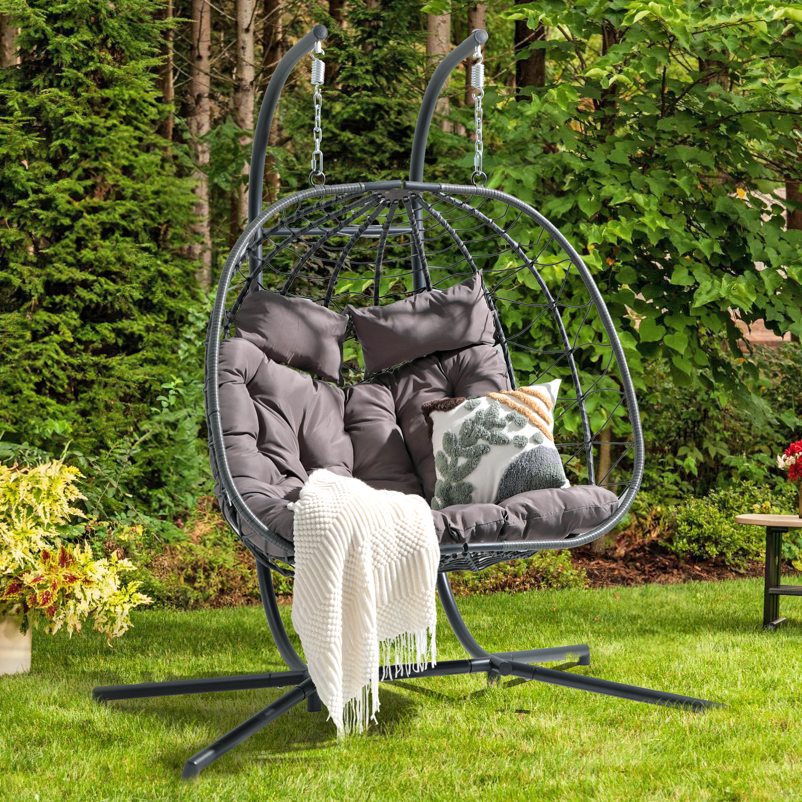 2 Person Egg Swing Chair with Stand, Steel Frame Folding Egg Chirs, 3 Colors