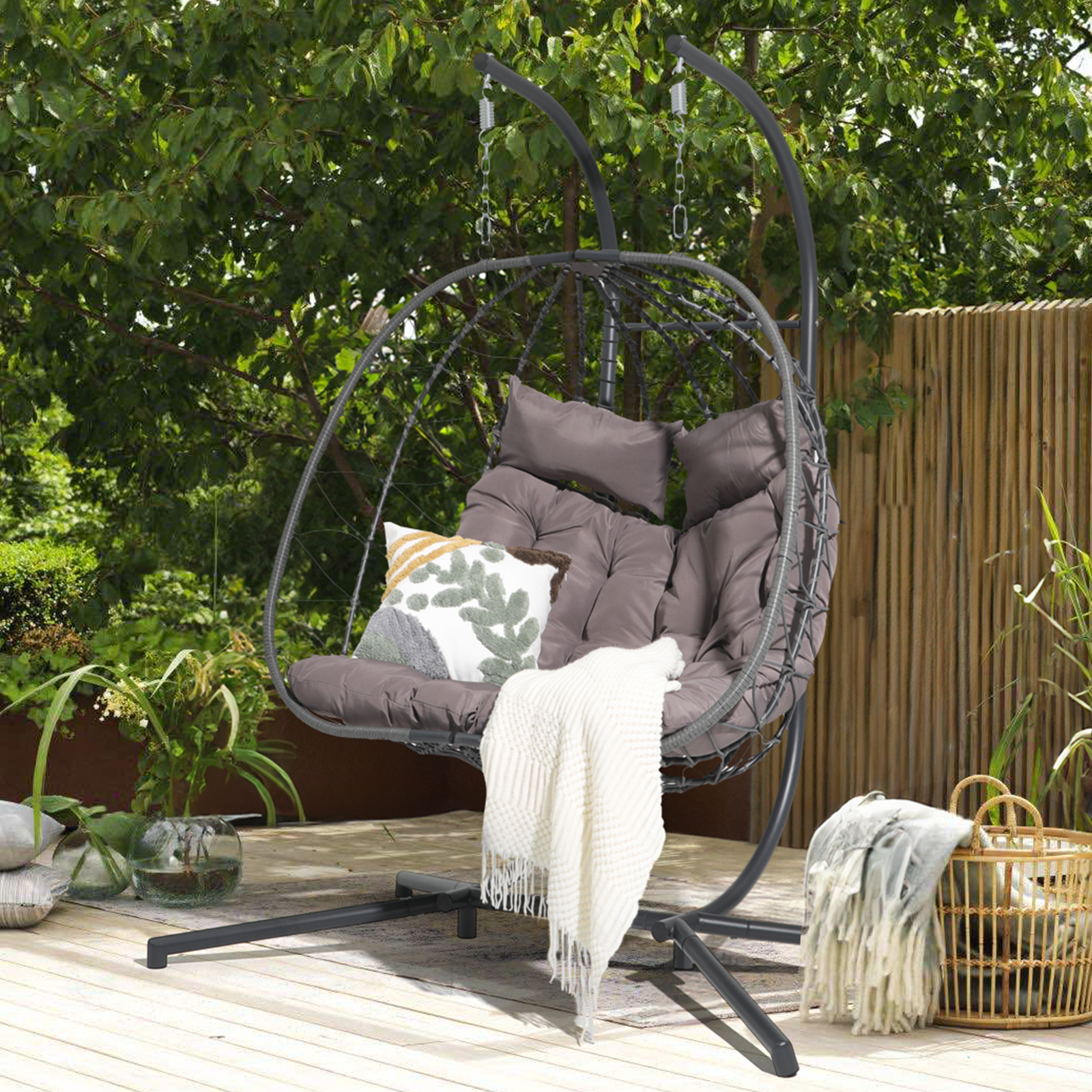 2 Person Egg Swing Chair with Stand, Steel Frame Folding Egg Chirs, 3 Colors