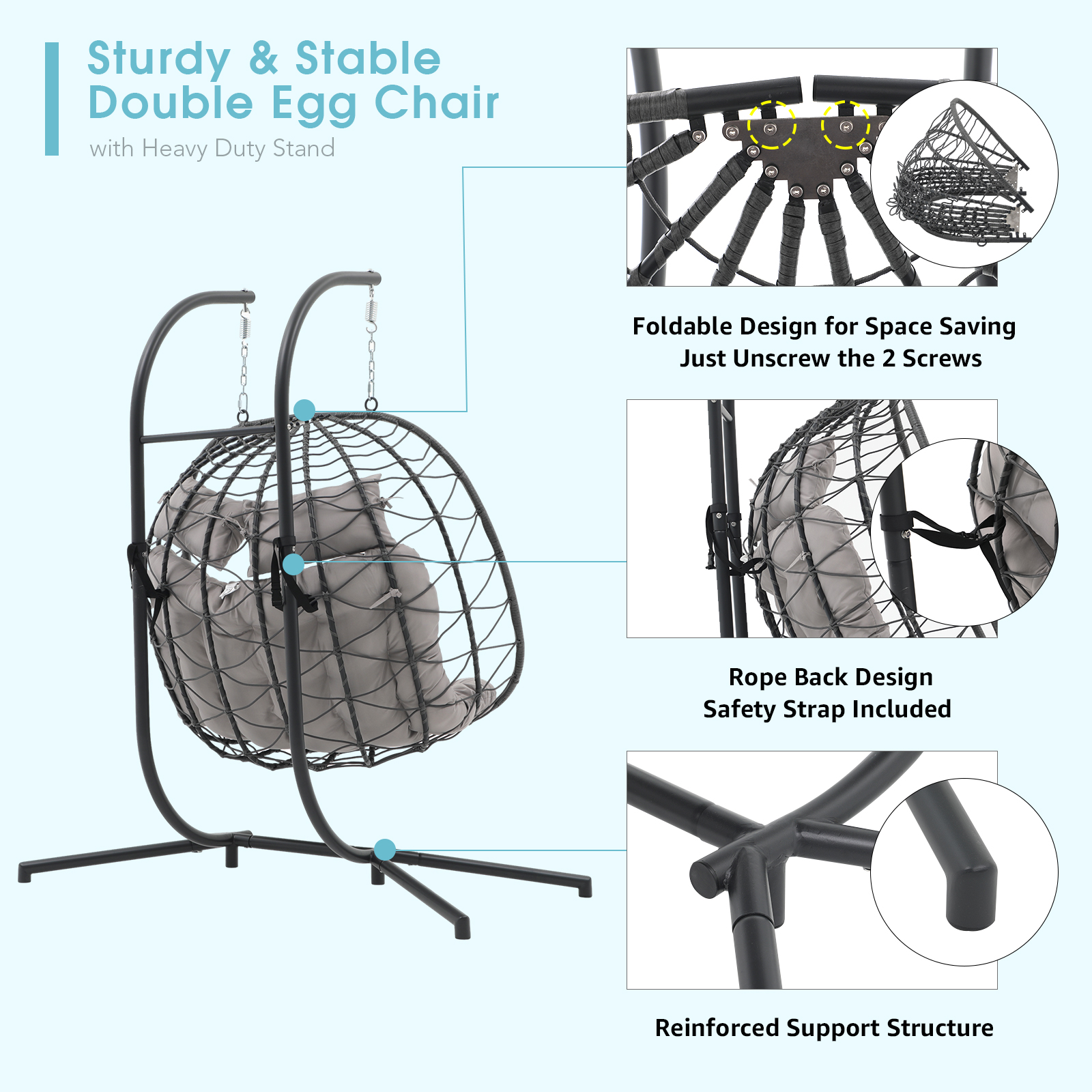 2 Person Egg Swing Chair with Stand, Steel Frame Folding Egg Chirs, 3 Colors