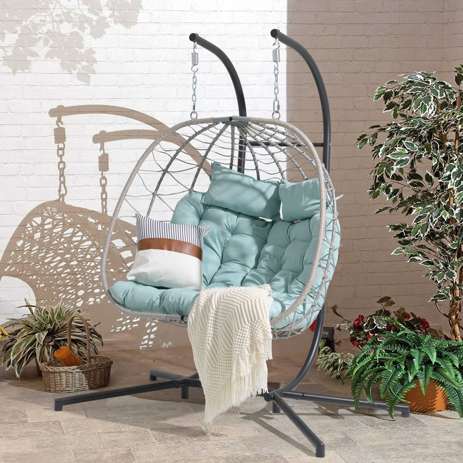 2 Person Egg Swing Chair with Stand, Steel Frame Folding Egg Chirs, 3 Colors