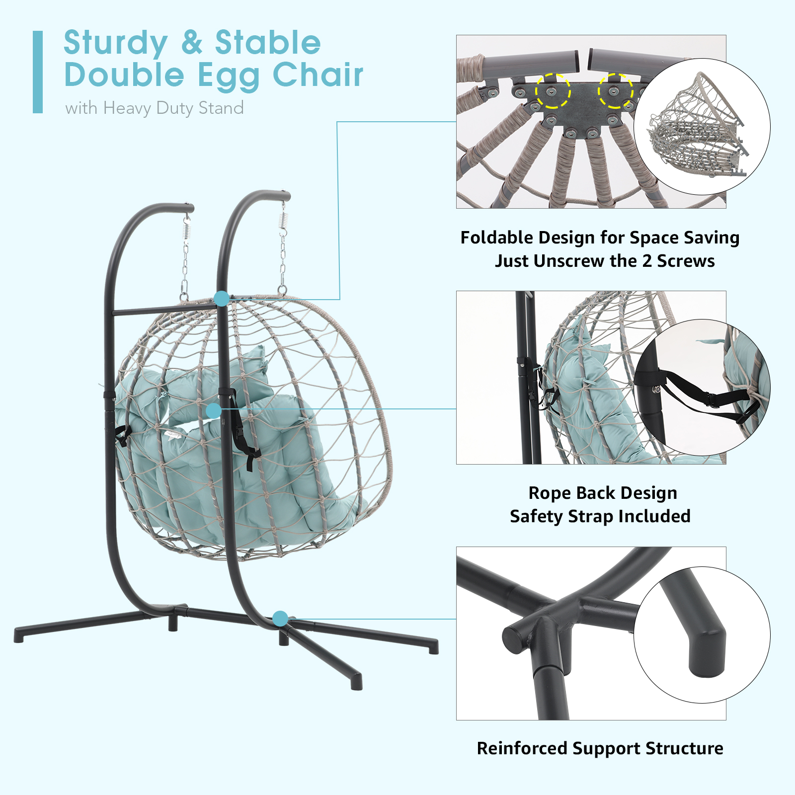 2 Person Egg Swing Chair with Stand, Steel Frame Folding Egg Chirs, 3 Colors