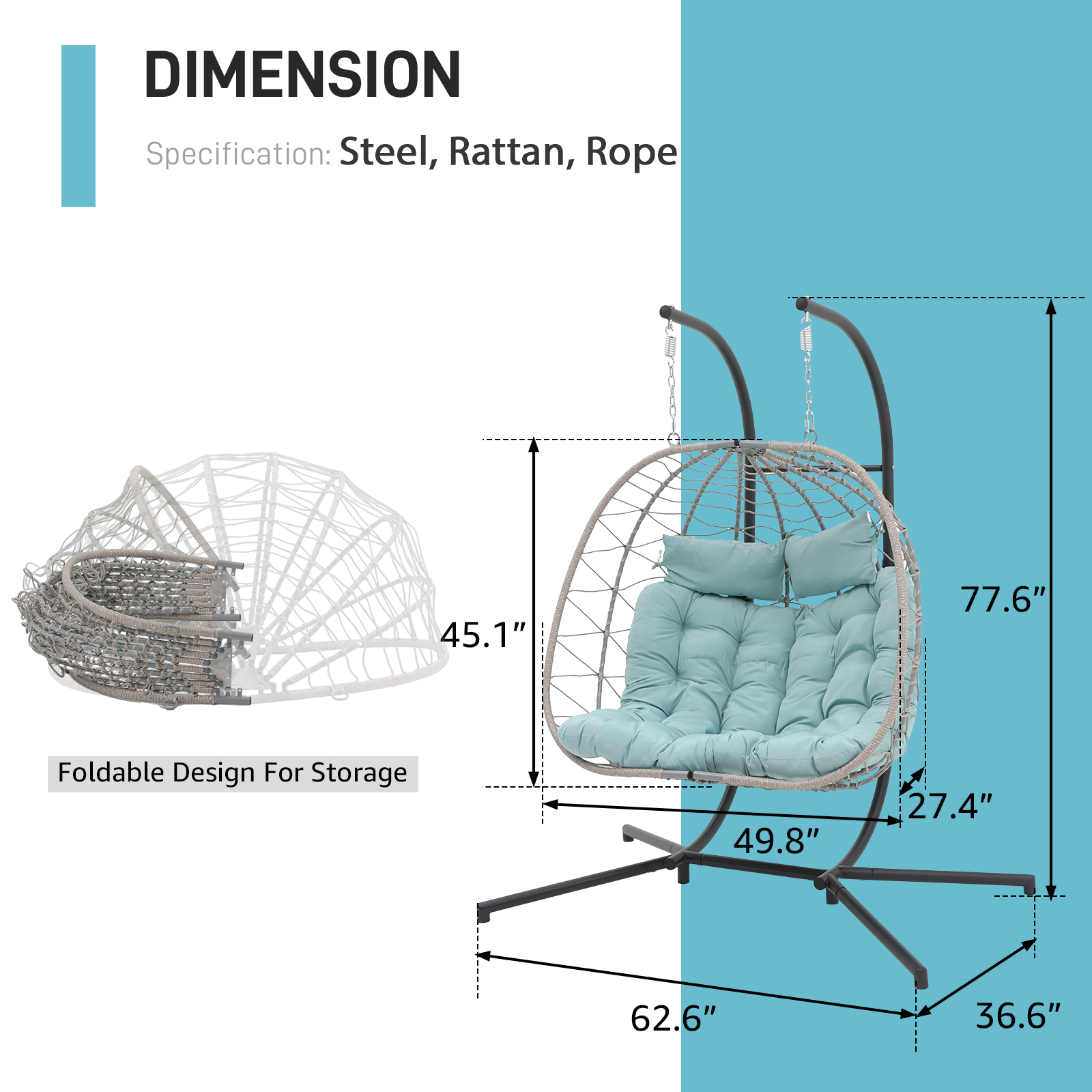 2 Person Egg Swing Chair with Stand, Steel Frame Folding Egg Chirs, 3 Colors
