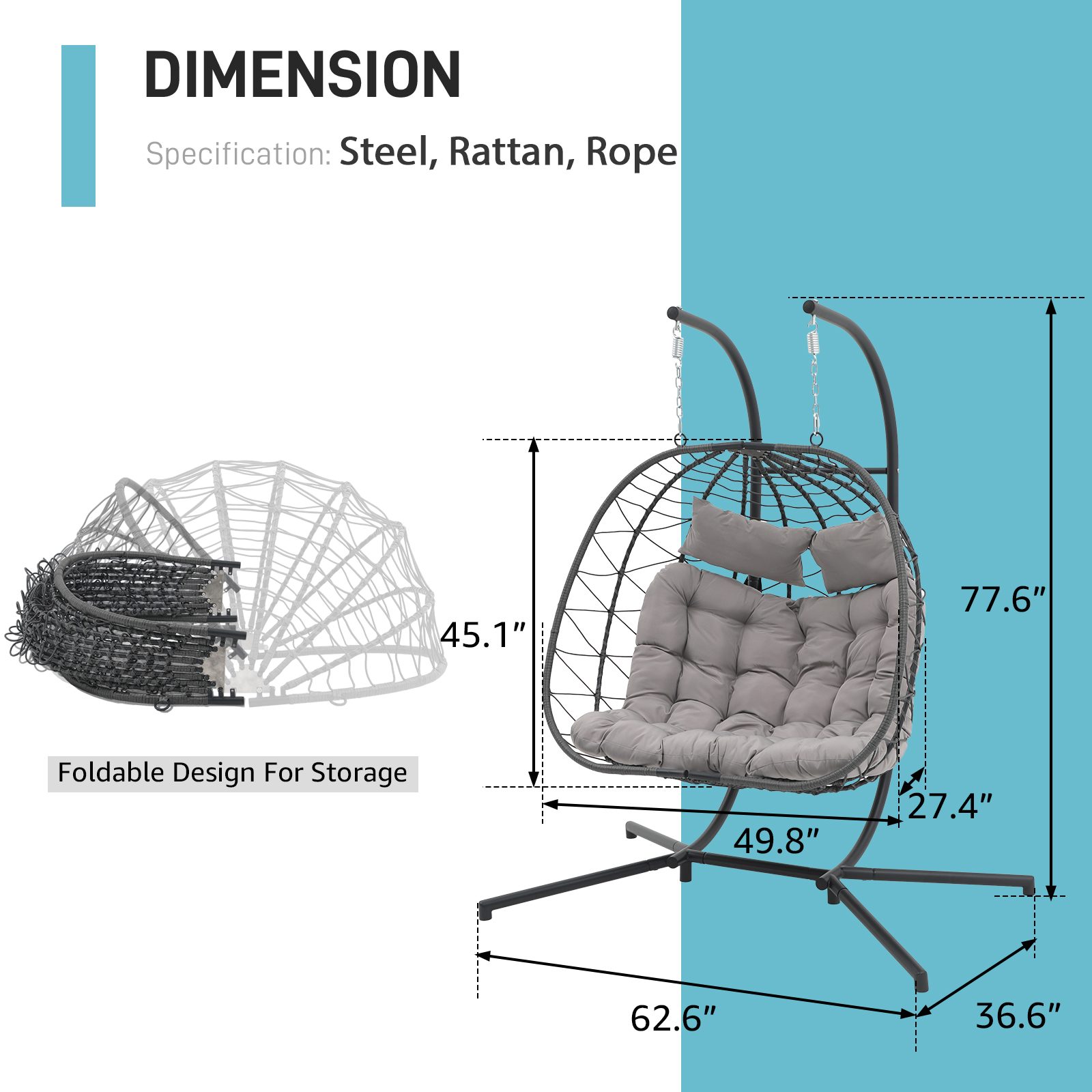 2 Person Egg Swing Chair with Stand, Steel Frame Folding Egg Chirs, 3 Colors