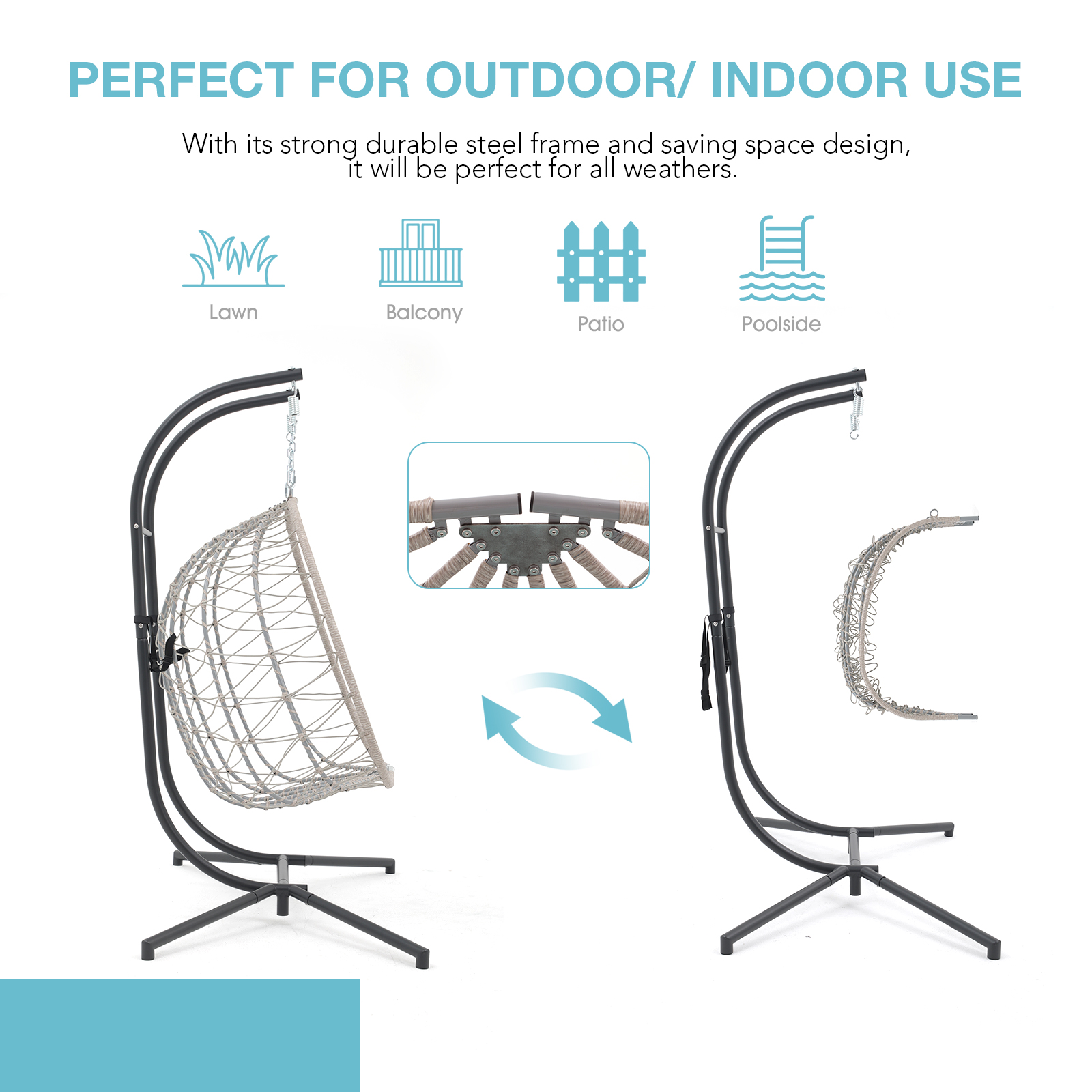 2 Person Egg Swing Chair with Stand, Steel Frame Folding Egg Chirs, 3 Colors