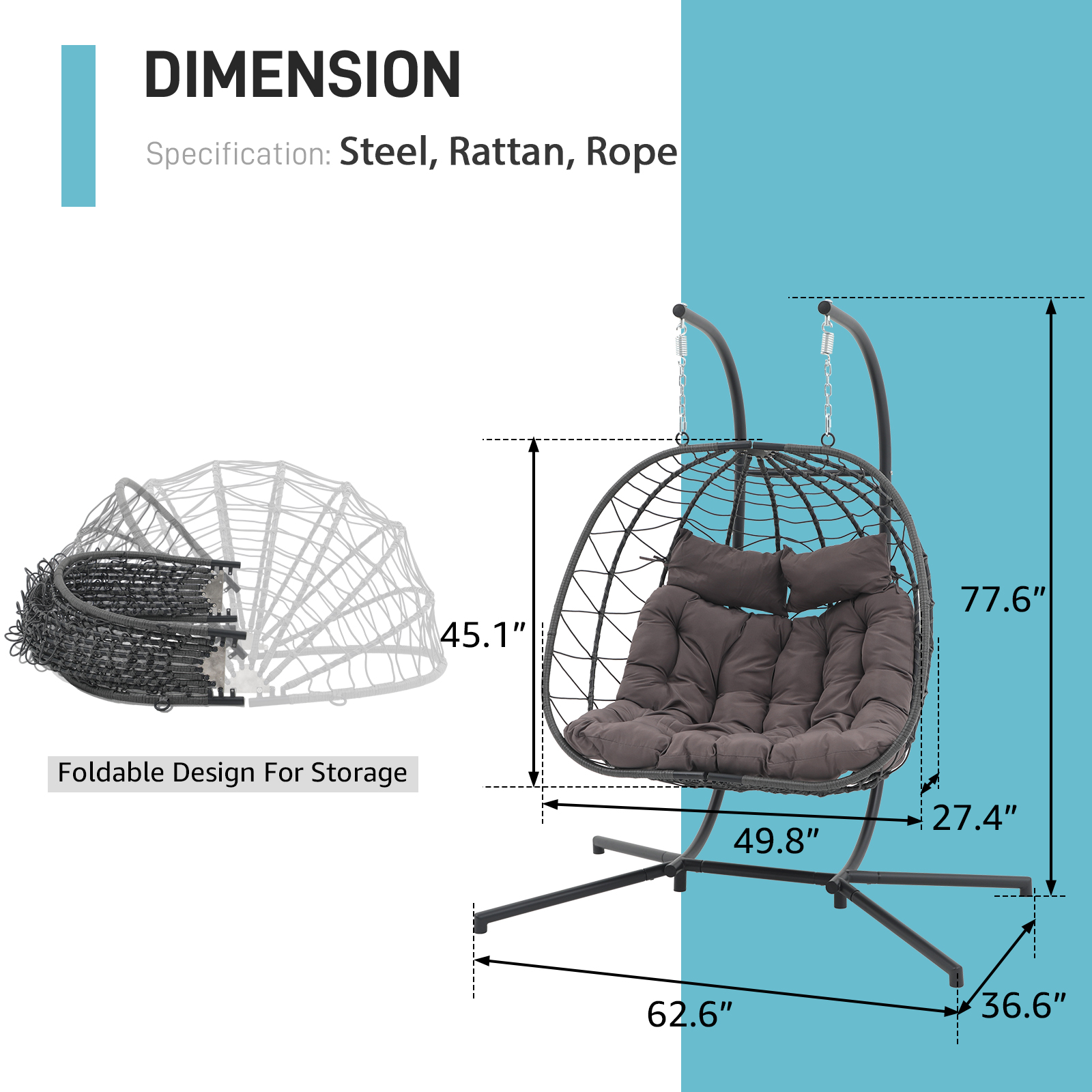 2 Person Egg Swing Chair with Stand, Steel Frame Folding Egg Chirs, 3 Colors