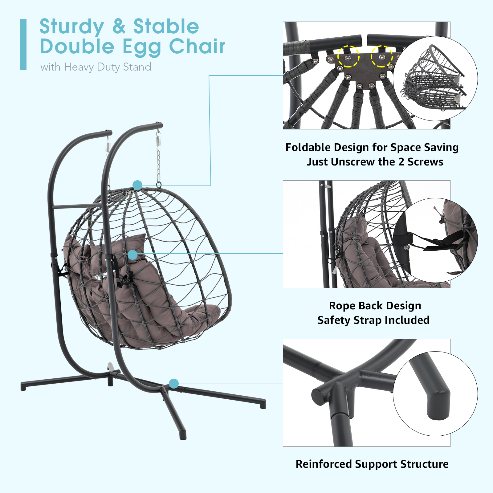2 Person Egg Swing Chair with Stand, Steel Frame Folding Egg Chirs, 3 Colors