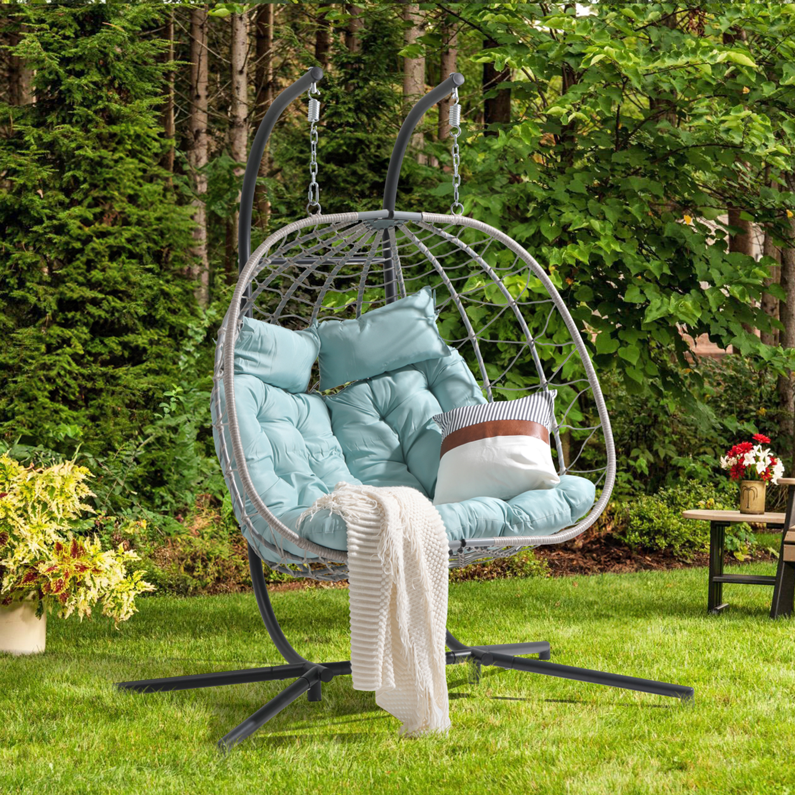 2 Person Egg Swing Chair with Stand, Steel Frame Folding Egg Chirs, 3 Colors