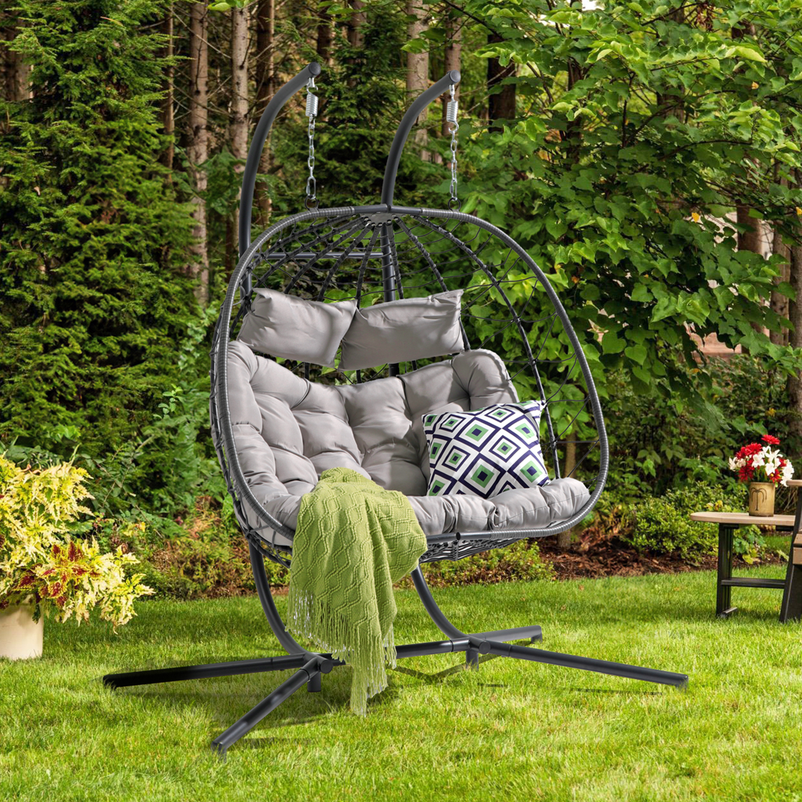 2 Person Egg Swing Chair with Stand, Steel Frame Folding Egg Chirs, 3 Colors