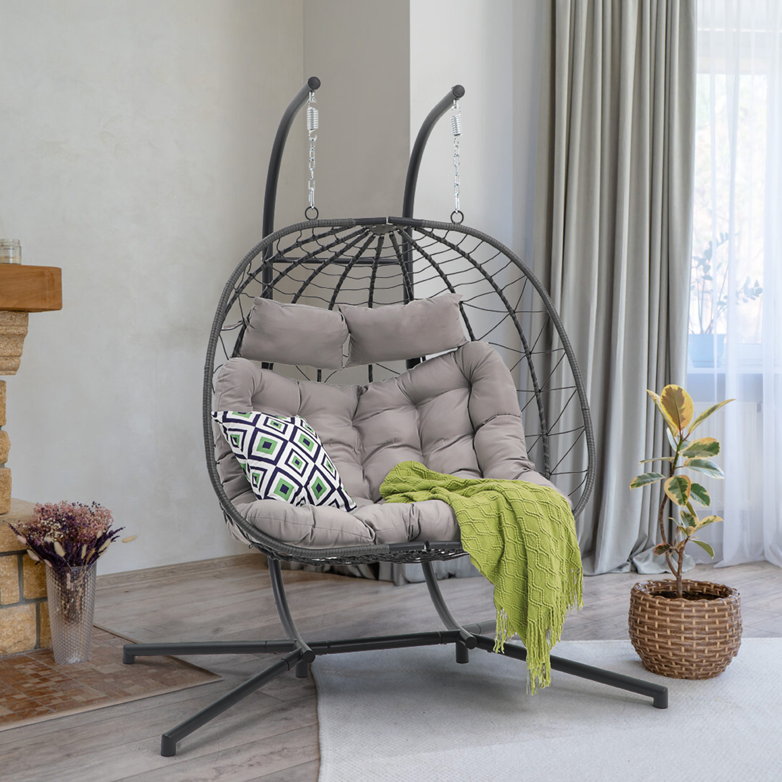 2 Person Egg Swing Chair with Stand, Steel Frame Folding Egg Chirs, 3 Colors