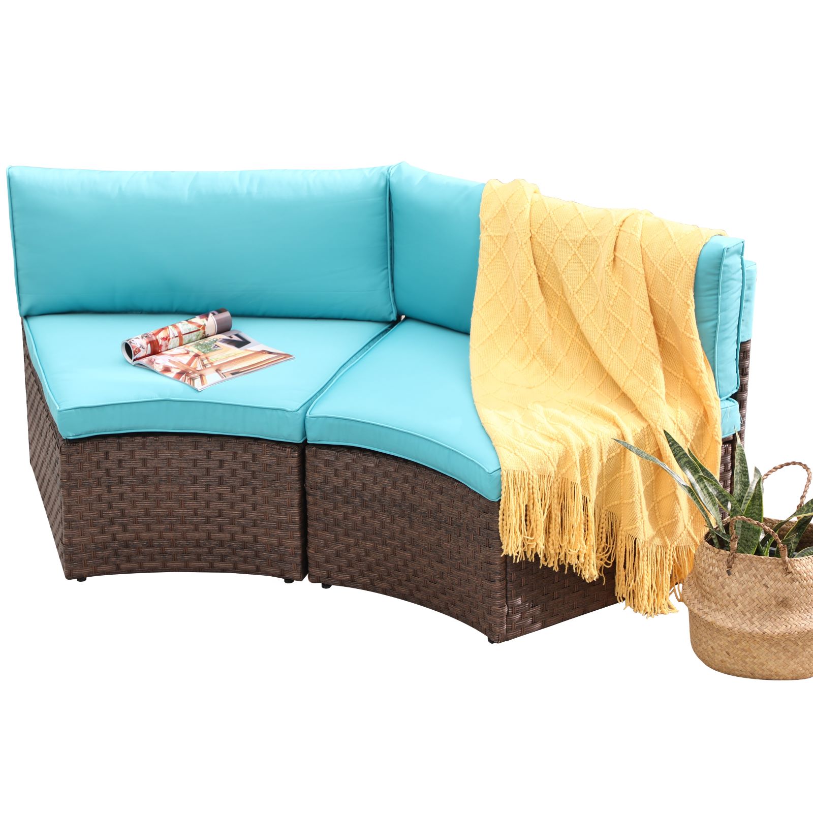 2 pcs Half Moon Armless Sofa Wicker Outdoor Curved Sofa, Brown/Grey