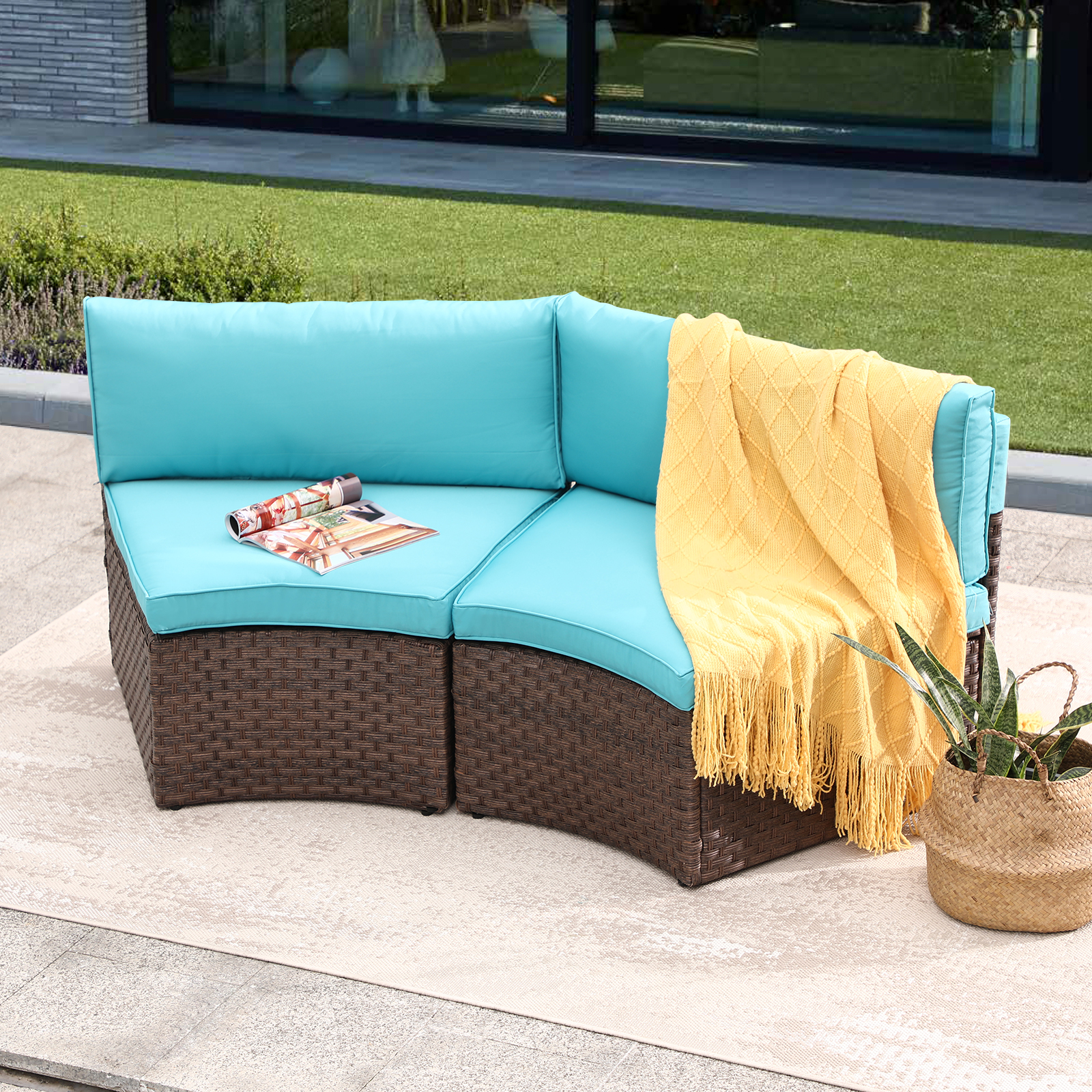 2 pcs Half Moon Armless Sofa Wicker Outdoor Curved Sofa, Brown/Grey