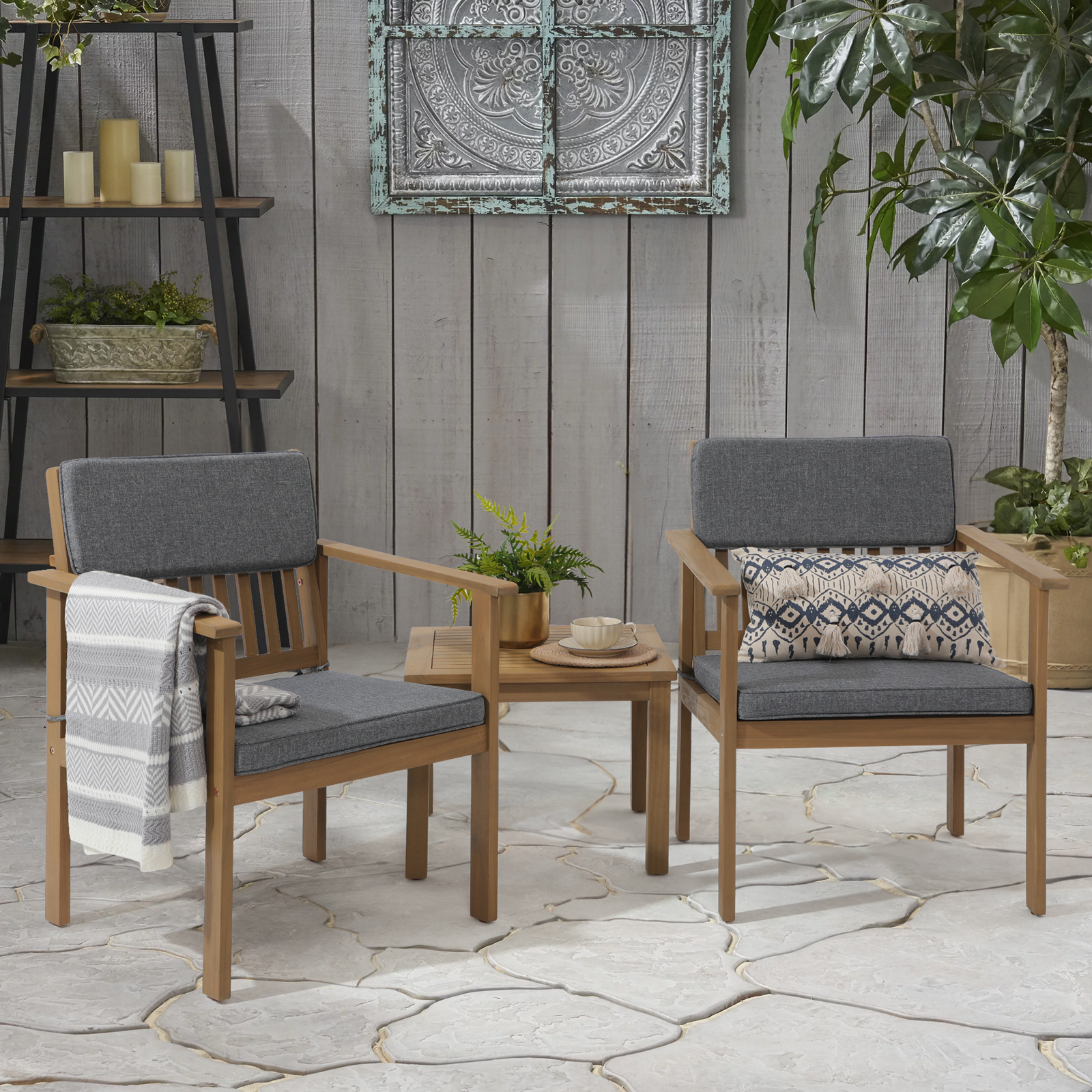 3 Piece Acacia Wood Outdoor Patio Furniture Set, FSC Certified Bistro Table and Chairs