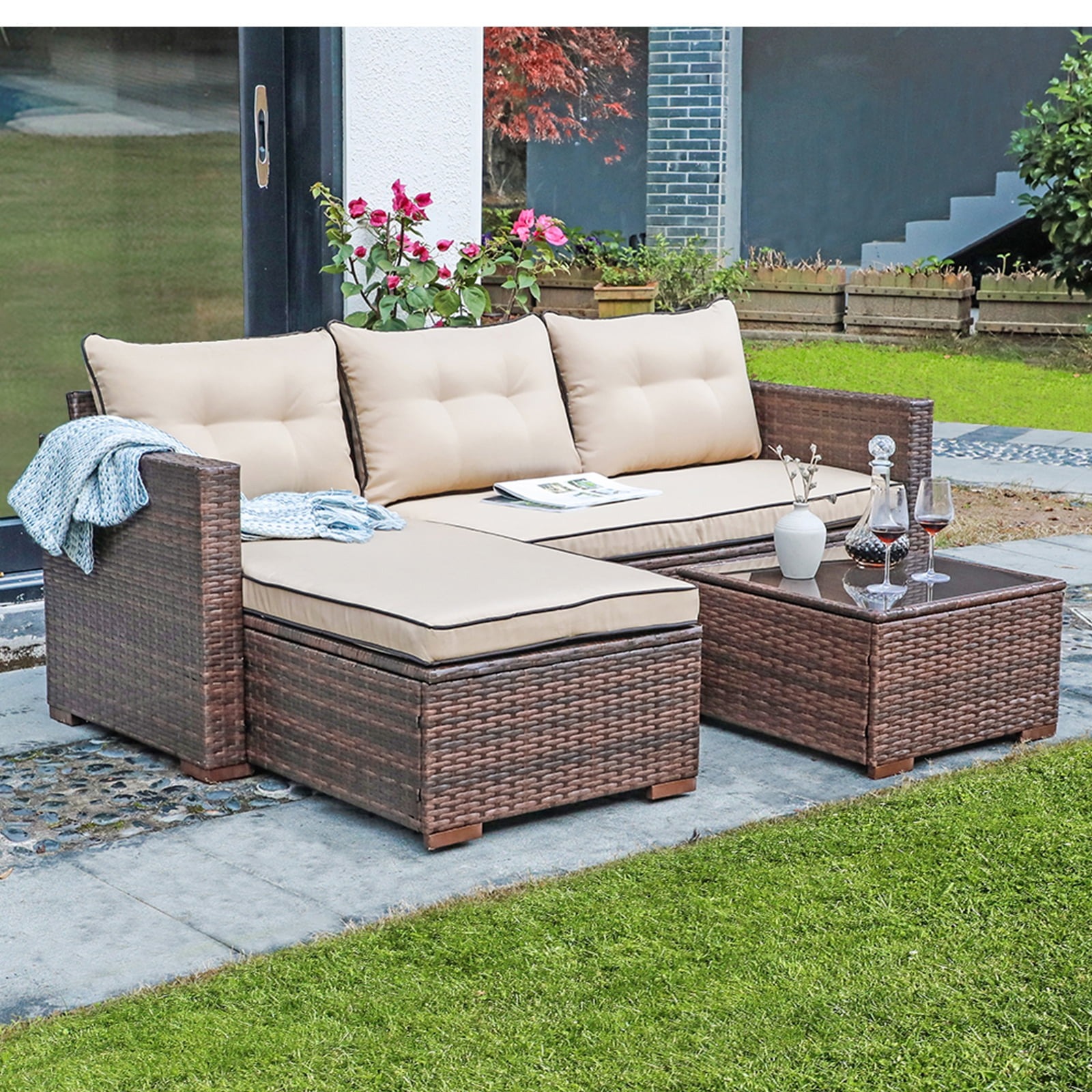 3pcs Outdoor Patio Sectional Set Wicker Furniture Set For Small Spaces