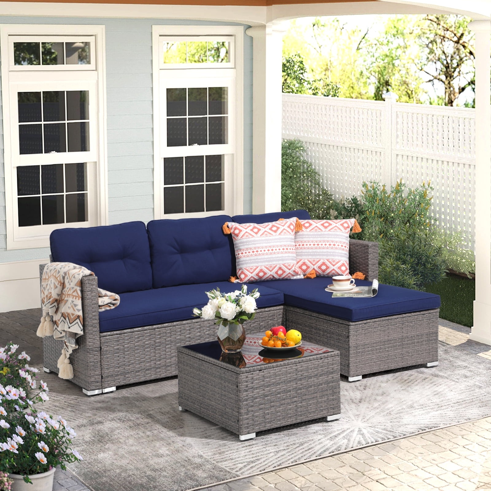 3pcs Outdoor Patio Sectional Set Wicker Furniture Set For Small Spaces