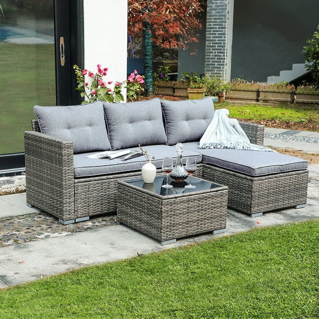 3pcs Outdoor Patio Sectional Set Wicker Furniture Set For Small Spaces