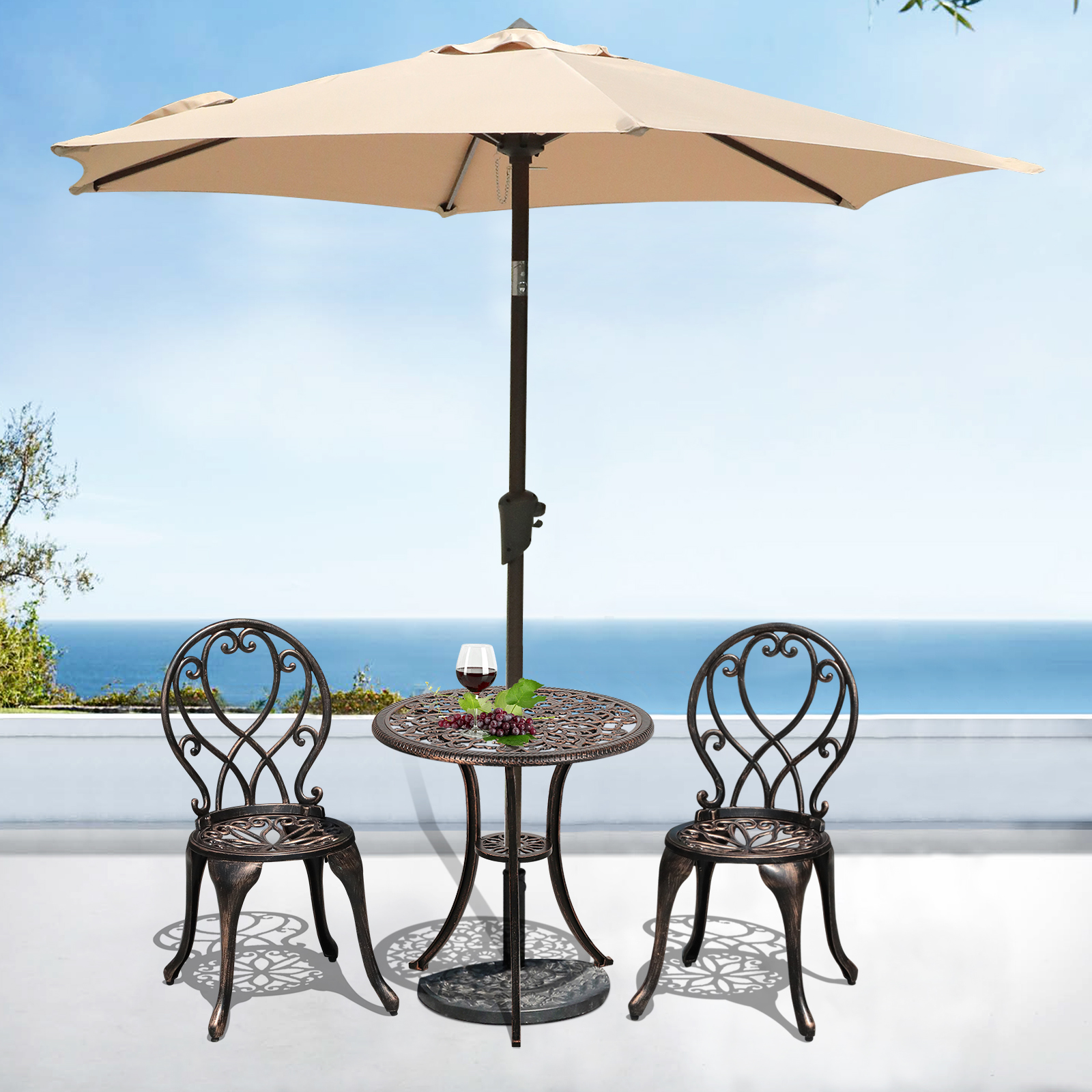 3pcs Patio Bistro Set Cast Aluminum Conversation Set Bronze Chairs & Table