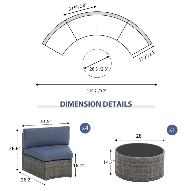 5-11 pcs Outdoor Curved Sofas, Curved Outdoor Sectionals,Denim Blue