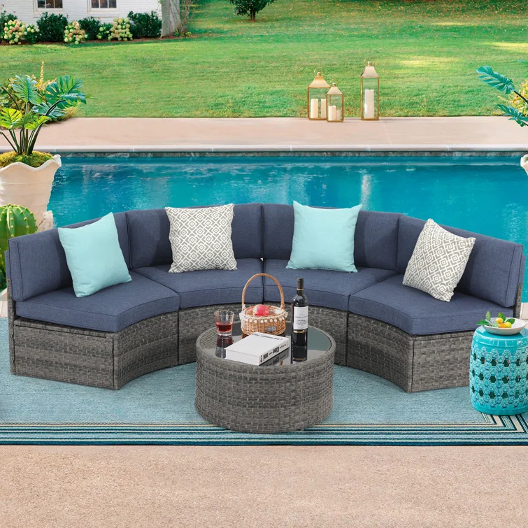 5-11 pcs Outdoor Curved Sofas, Curved Outdoor Sectionals,Denim Blue