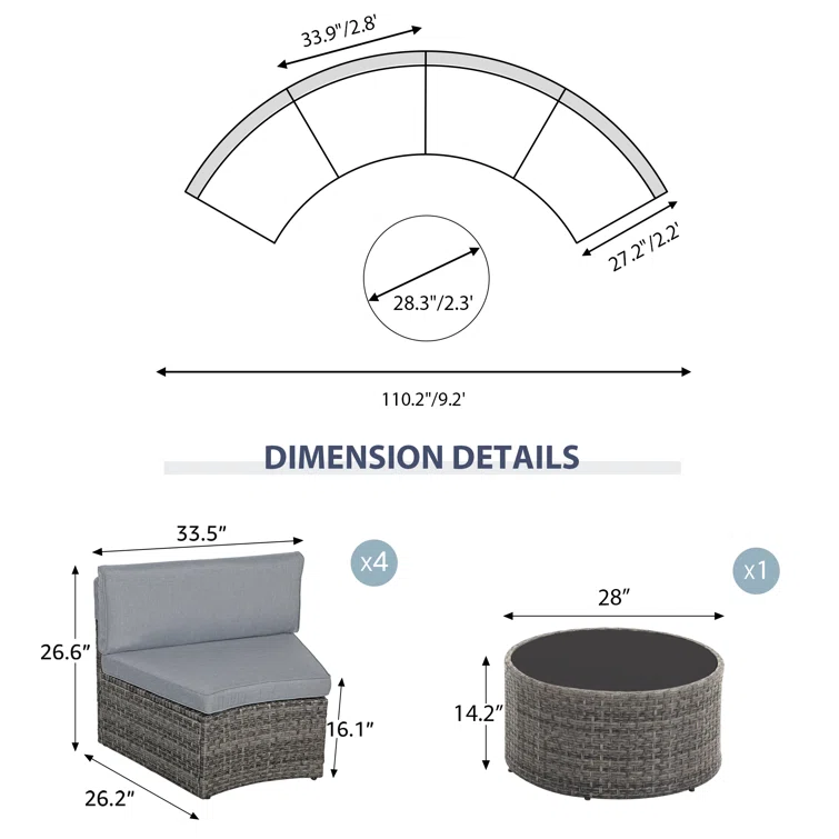 5-13 pcs Outdoor Curved Sofas, Curved Outdoor Sectionals, Grey