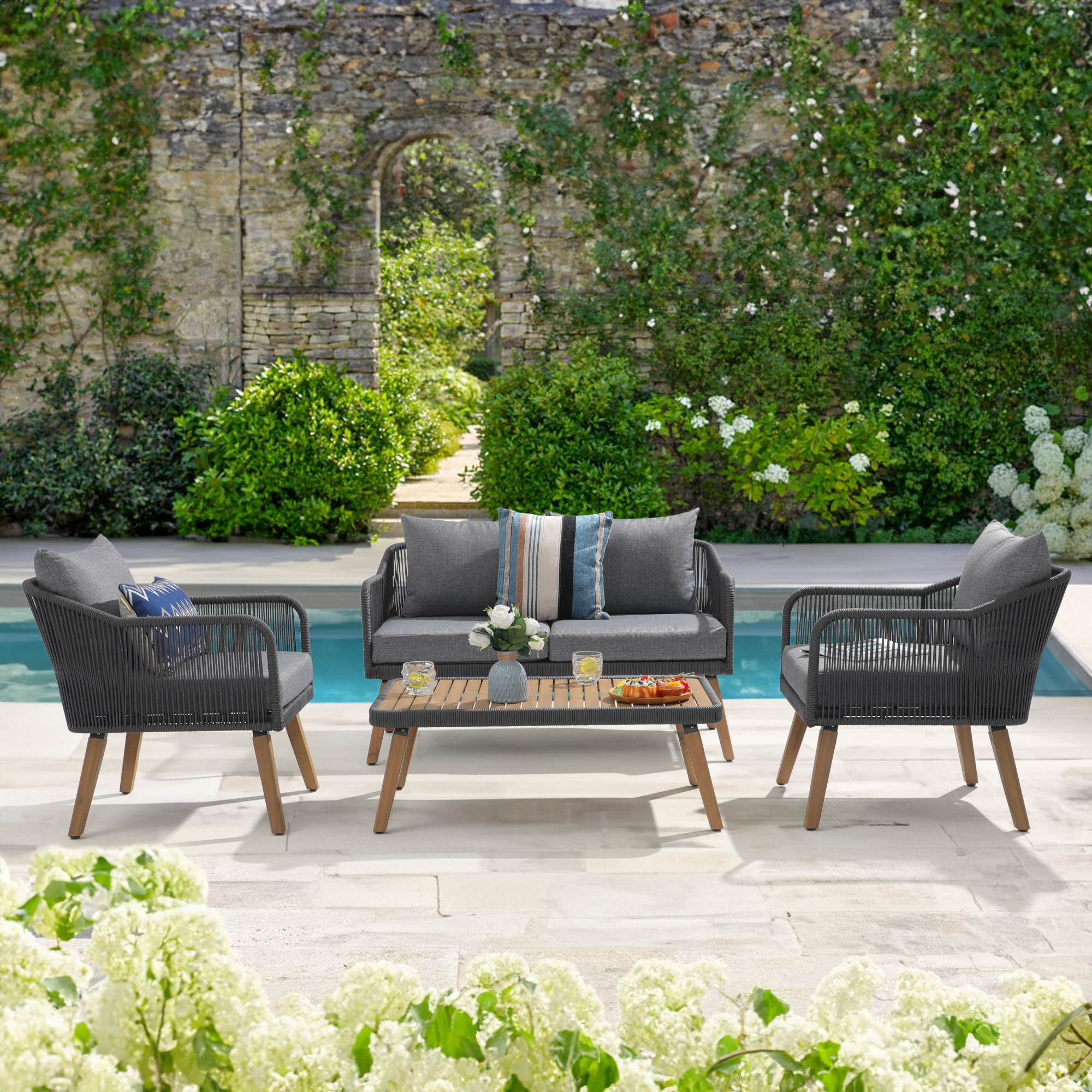 4pc Outdoor Wood Sofa Set, Patio Deep Seating Set, Cream, Rope design, Natural Wood