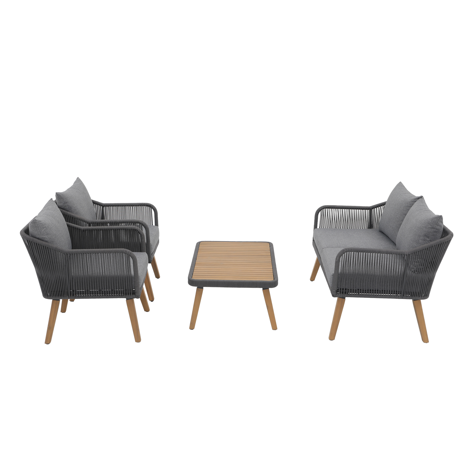 4pc Outdoor Wood Sofa Set, Patio Deep Seating Set, Cream, Rope design, Natural Wood