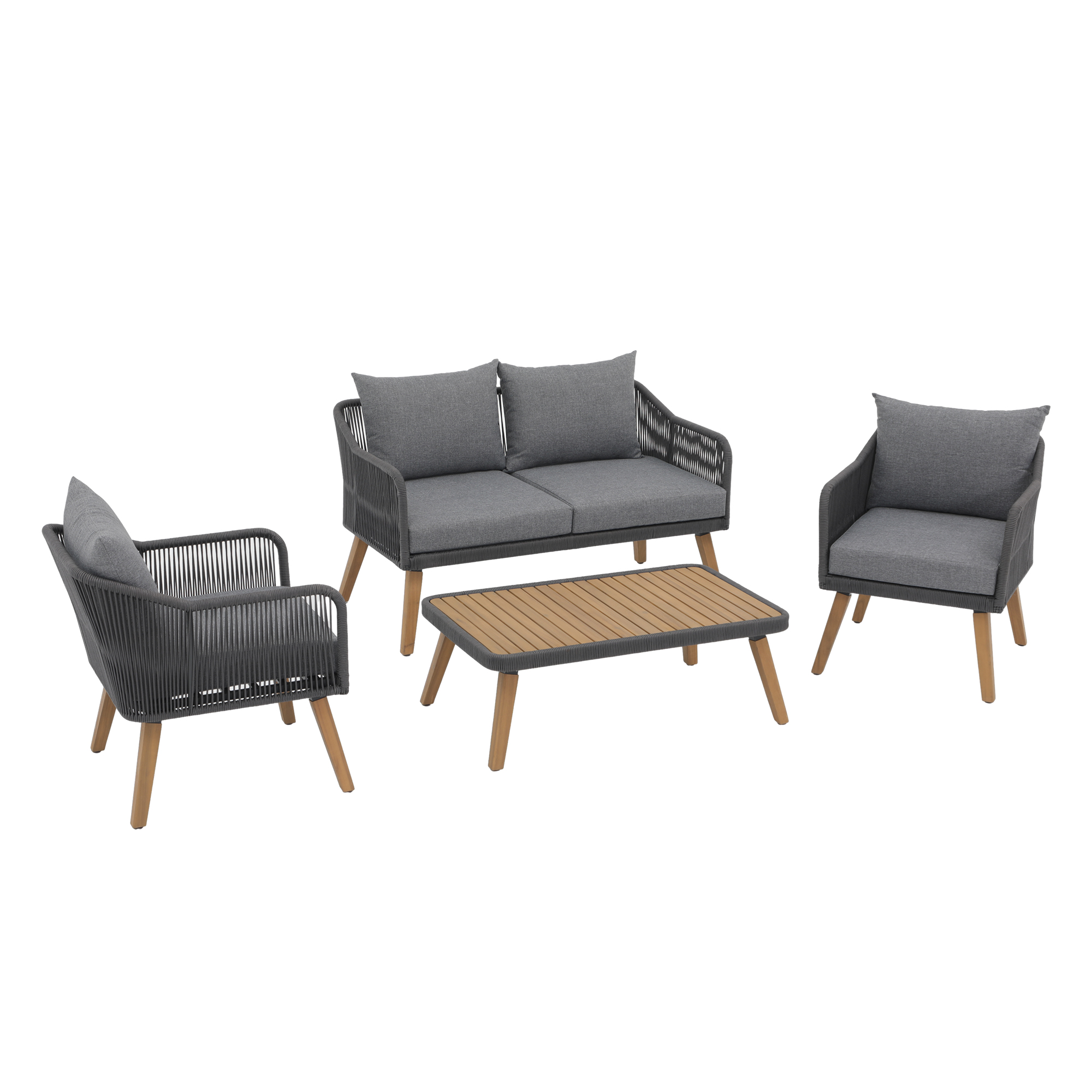 4pc Outdoor Wood Sofa Set, Patio Deep Seating Set, Cream, Rope design, Natural Wood